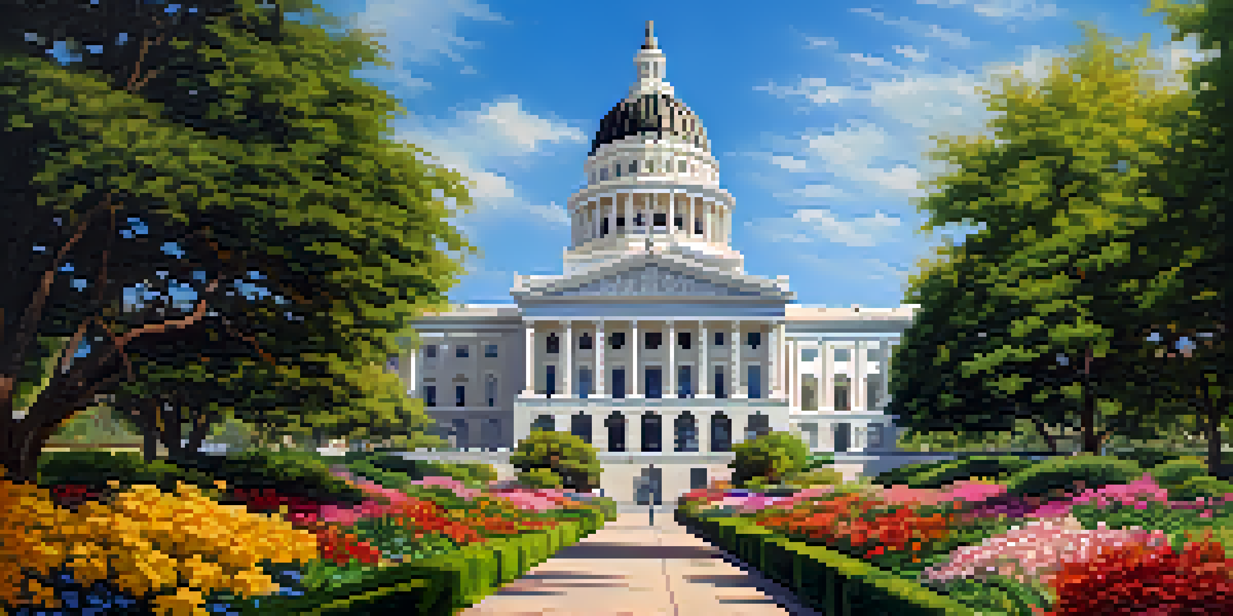 A view of the California State Capitol building with its dome and landscaped gardens under a clear blue sky.