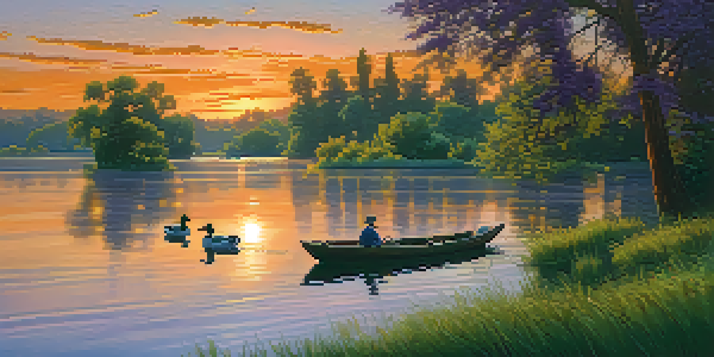 A peaceful sunset view of the Sacramento River with trees and ducks.