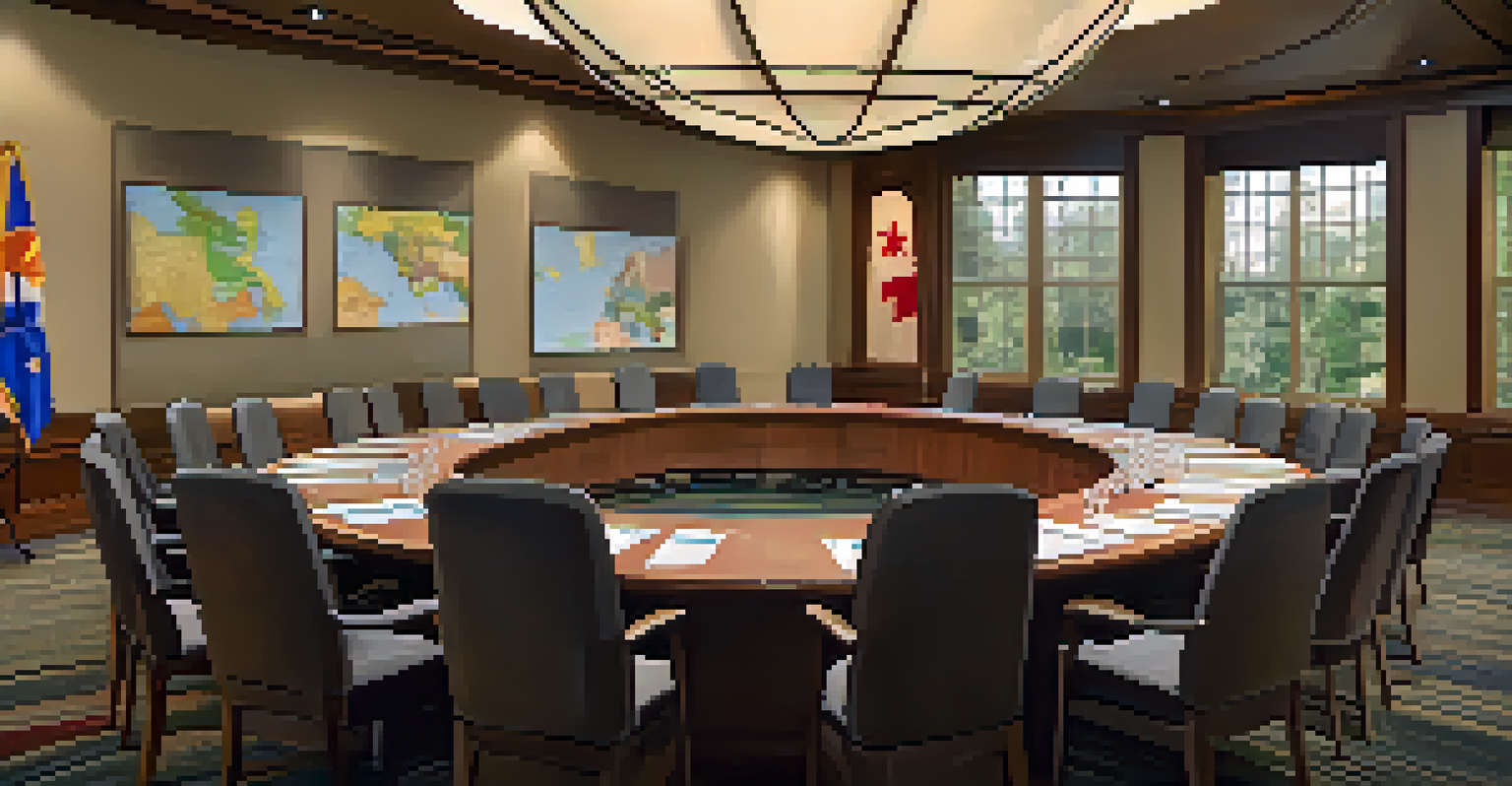 A conference room in Sacramento with a round table, various national flags, and a projector showing a world map, filled with participants in discussion.