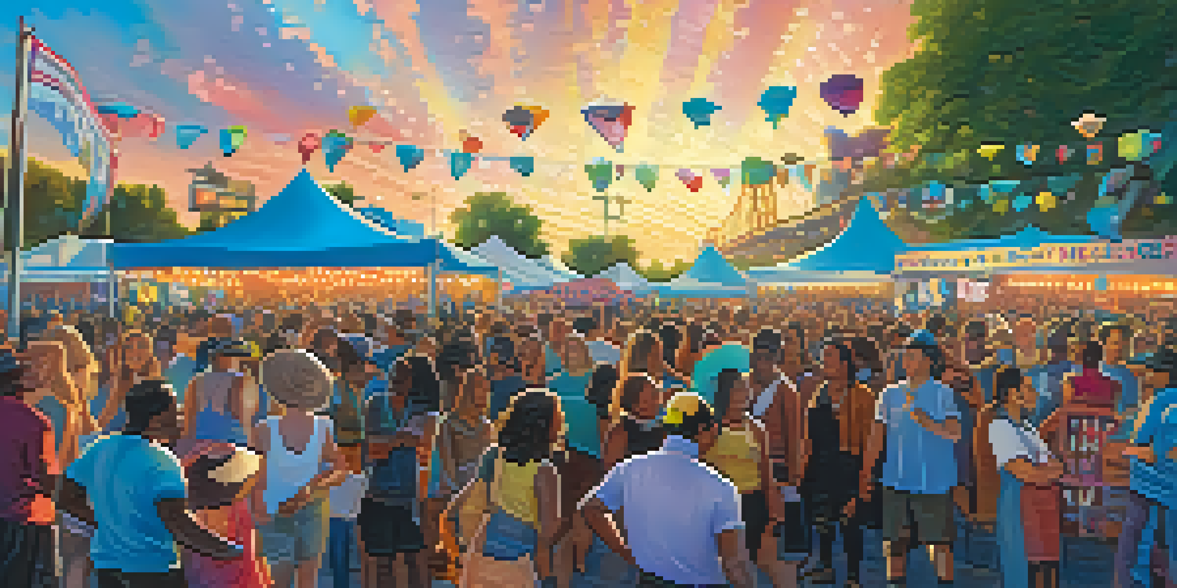 A lively outdoor music festival in Sacramento with a diverse crowd dancing and enjoying live music under a clear blue sky.