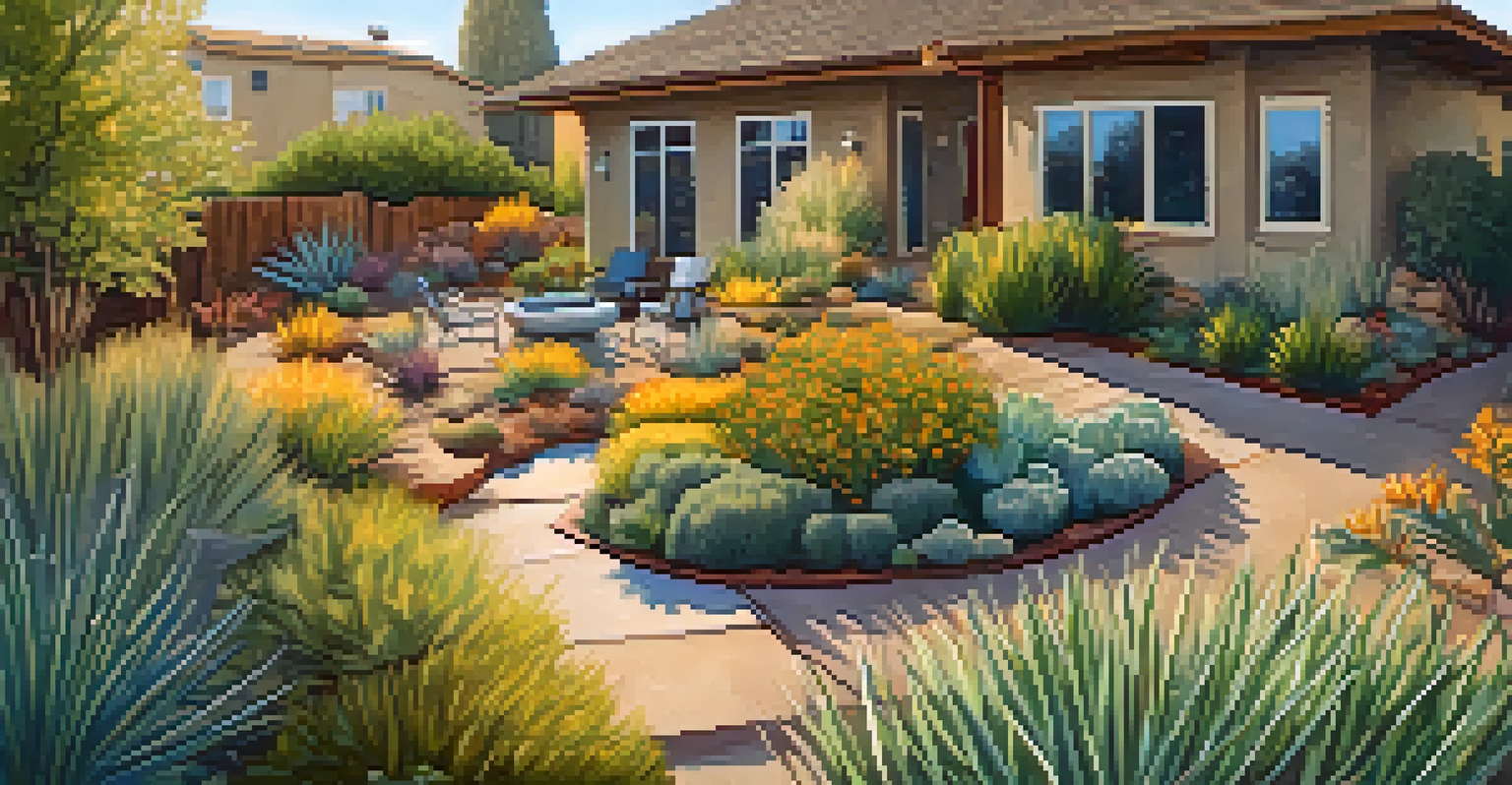Aerial view of a drought-tolerant garden in Sacramento, showcasing vibrant native plants and a water-saving irrigation system.