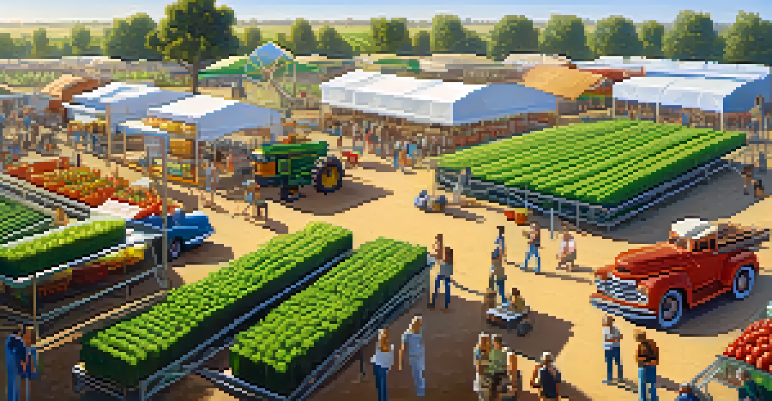 A depiction of innovative agricultural advancements at a Sacramento fair, featuring modern farming equipment and vibrant crops.