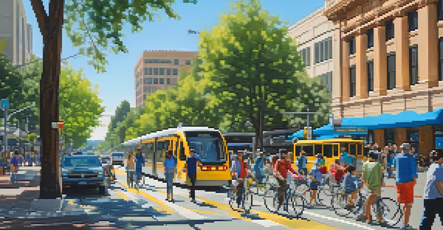 A lively street scene in Sacramento featuring cyclists and a light rail train, with trees lining the streets and a focus on sustainable transportation.