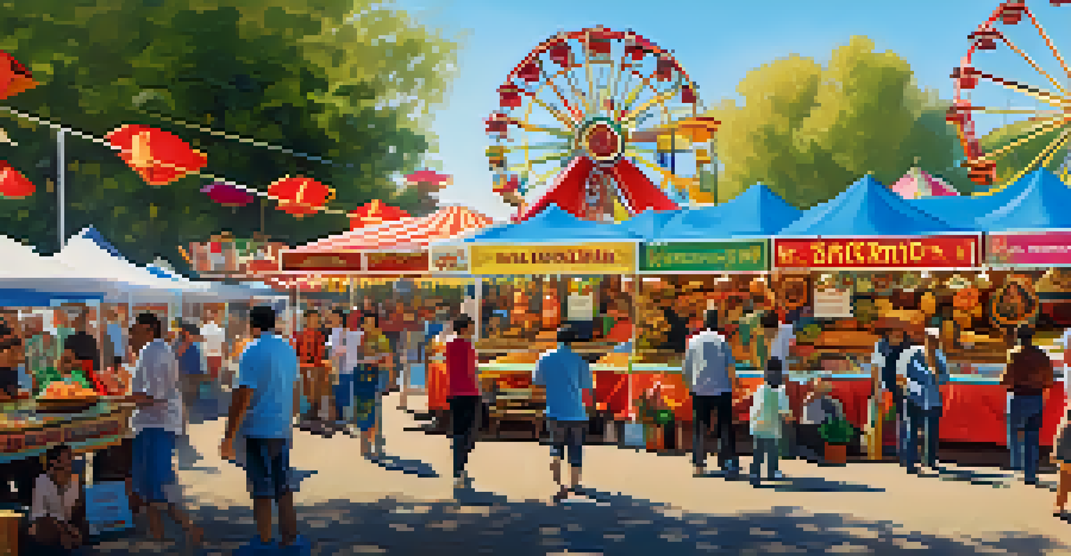 A contemporary view of a Sacramento fair showcasing diverse cultural celebrations with food stalls and live music performances.