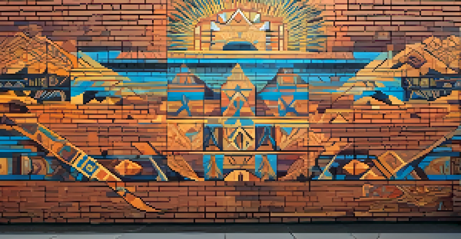 A colorful mural on a brick wall representing Native American heritage and symbols of the Gold Rush in Sacramento.
