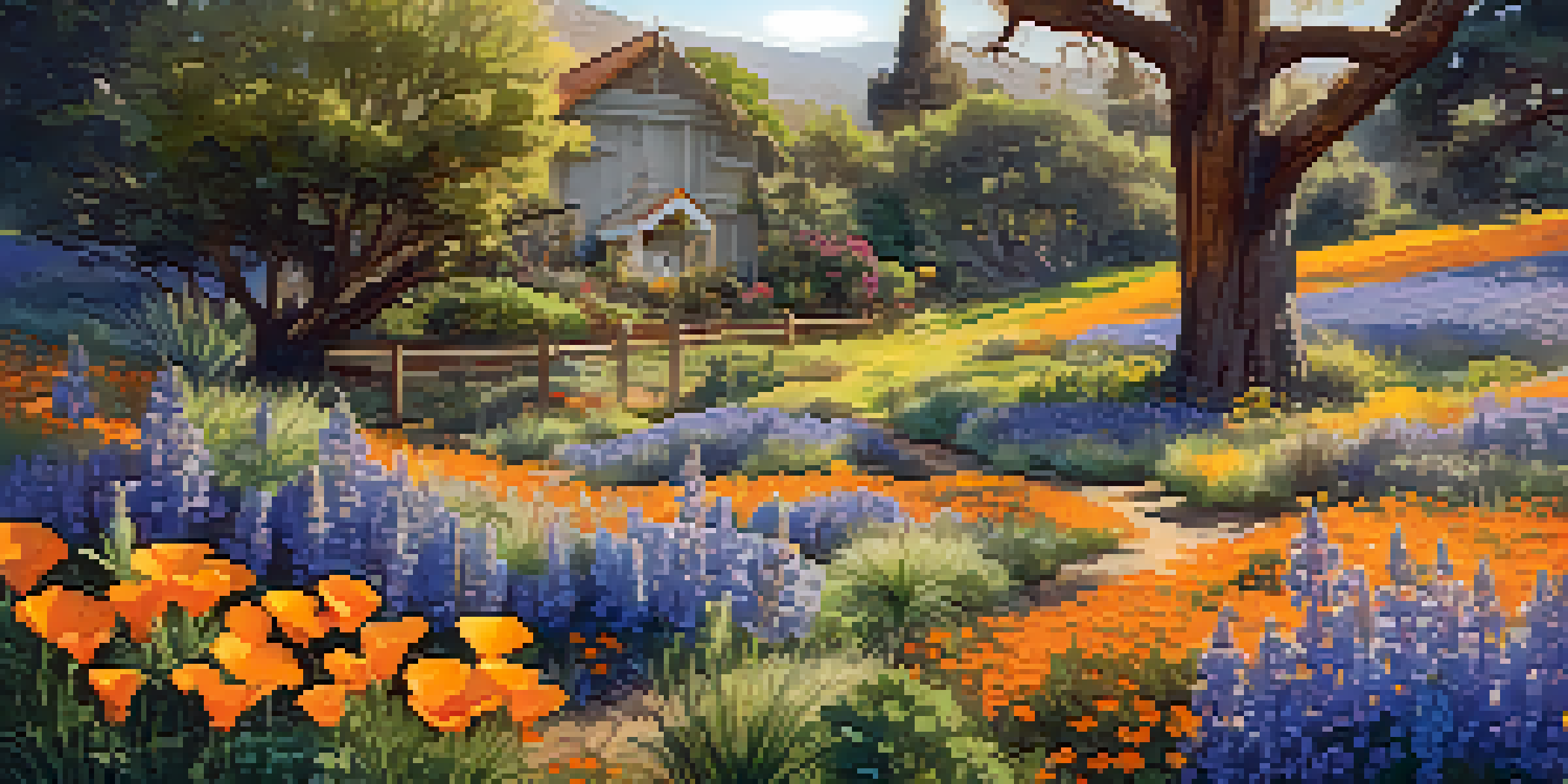 A colorful garden with native California plants, including poppies and lupines, in warm sunlight with a butterfly and a birdhouse.