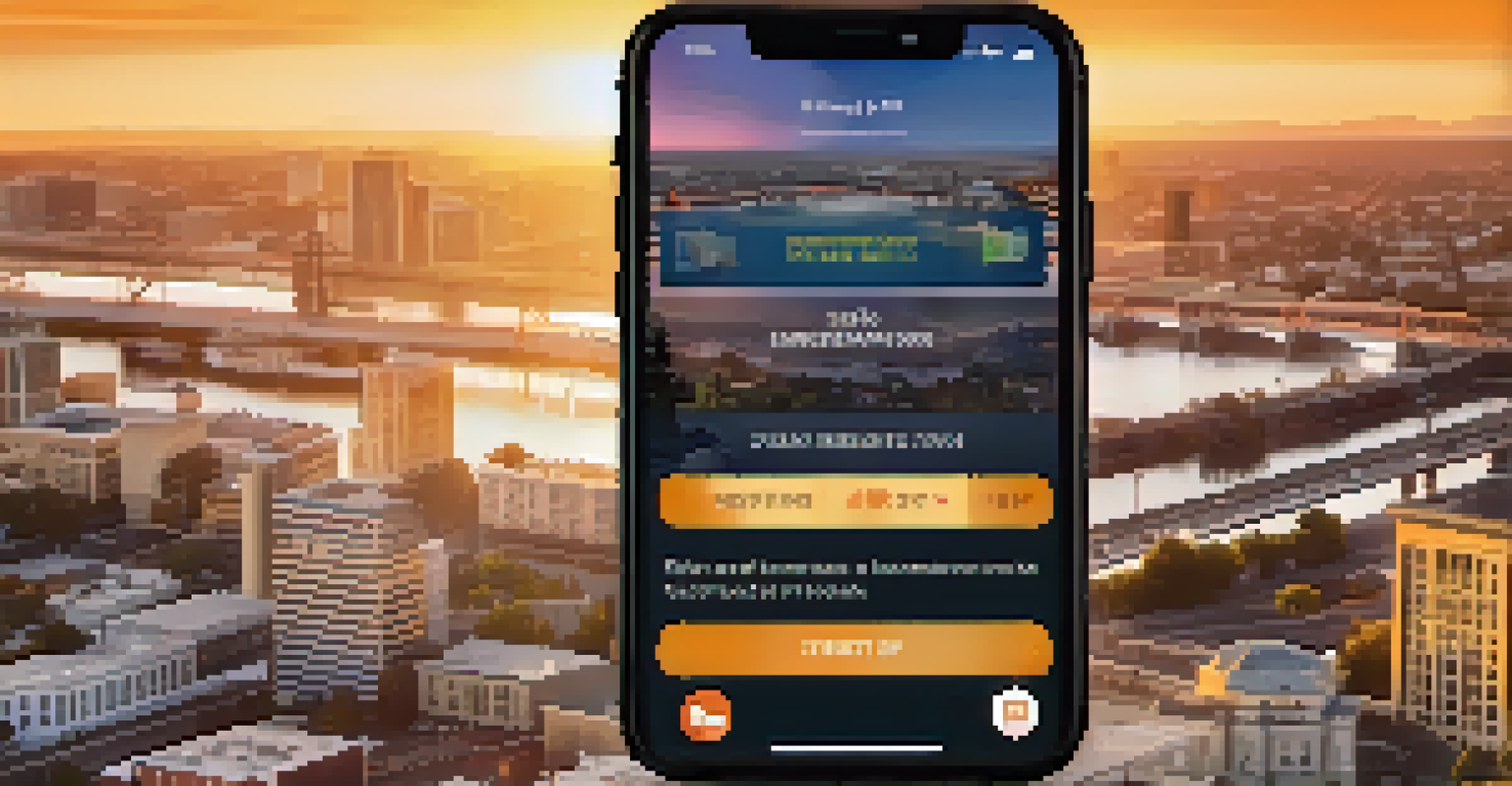 A smartphone showing an emergency preparedness app with a cityscape in the background.