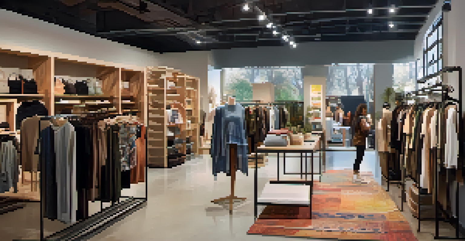 A lively pop-up shop in Sacramento filled with unique clothing, featuring shoppers interacting with designers in a warmly lit environment.