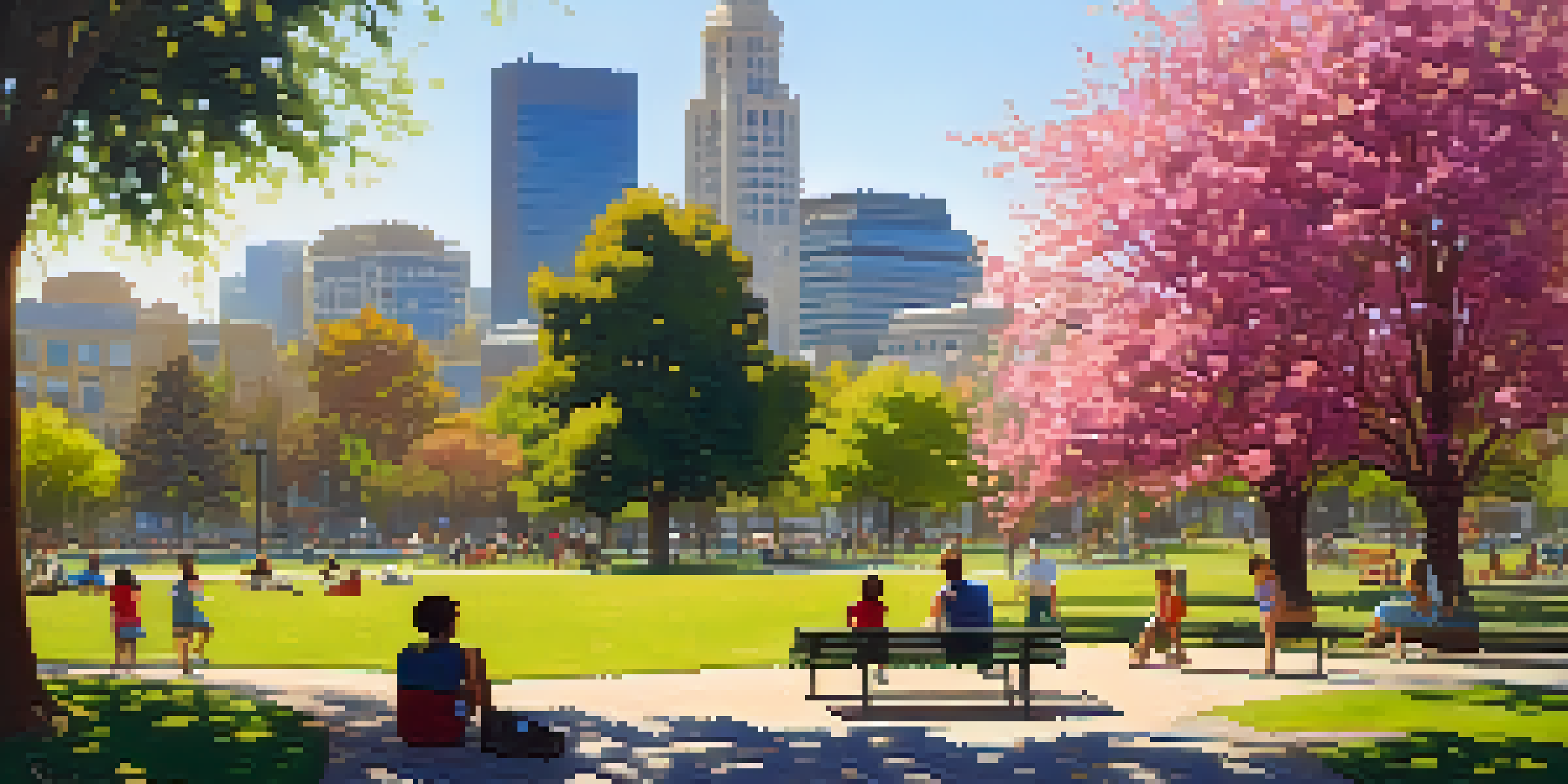 A vibrant urban park in Sacramento filled with green trees, colorful flowers, and people enjoying the outdoors on a sunny day.