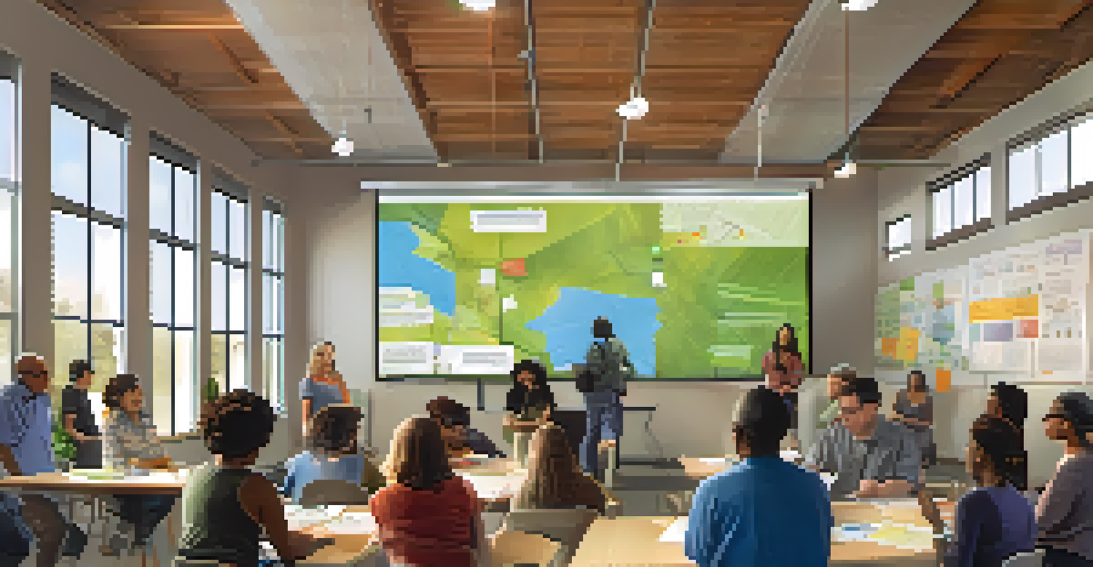 A community workshop in Sacramento focused on climate action, featuring diverse participants engaged in discussions amid charts and visuals in a bright room.