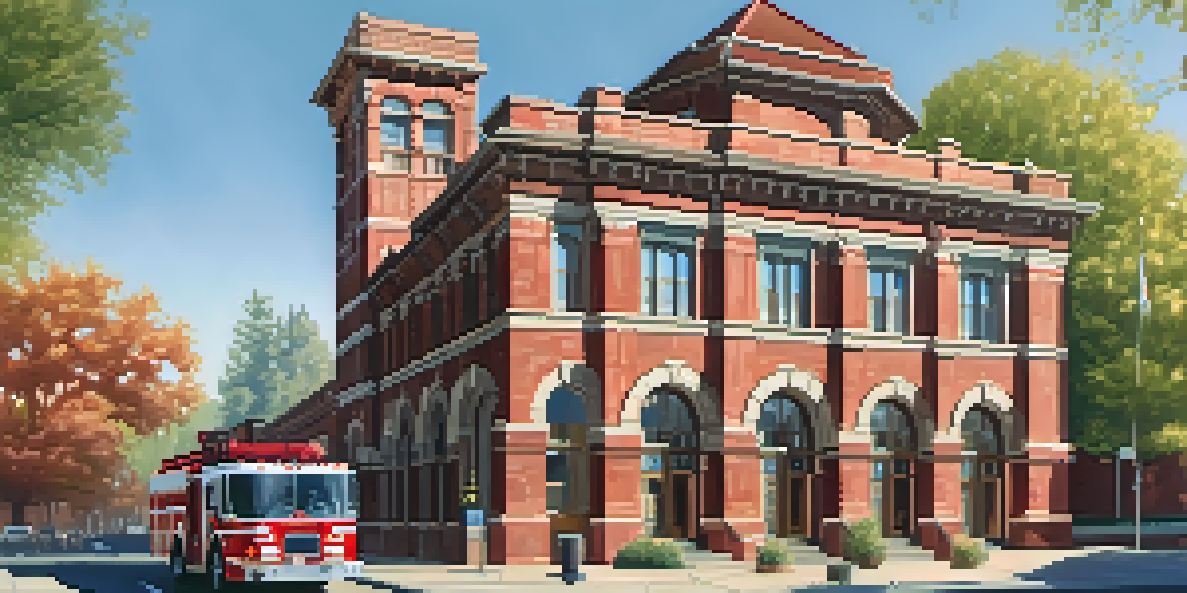 A historic firehouse in Sacramento with red brick exterior, arched windows, and a tall tower, featuring a vintage fire truck parked in front under soft sunlight.