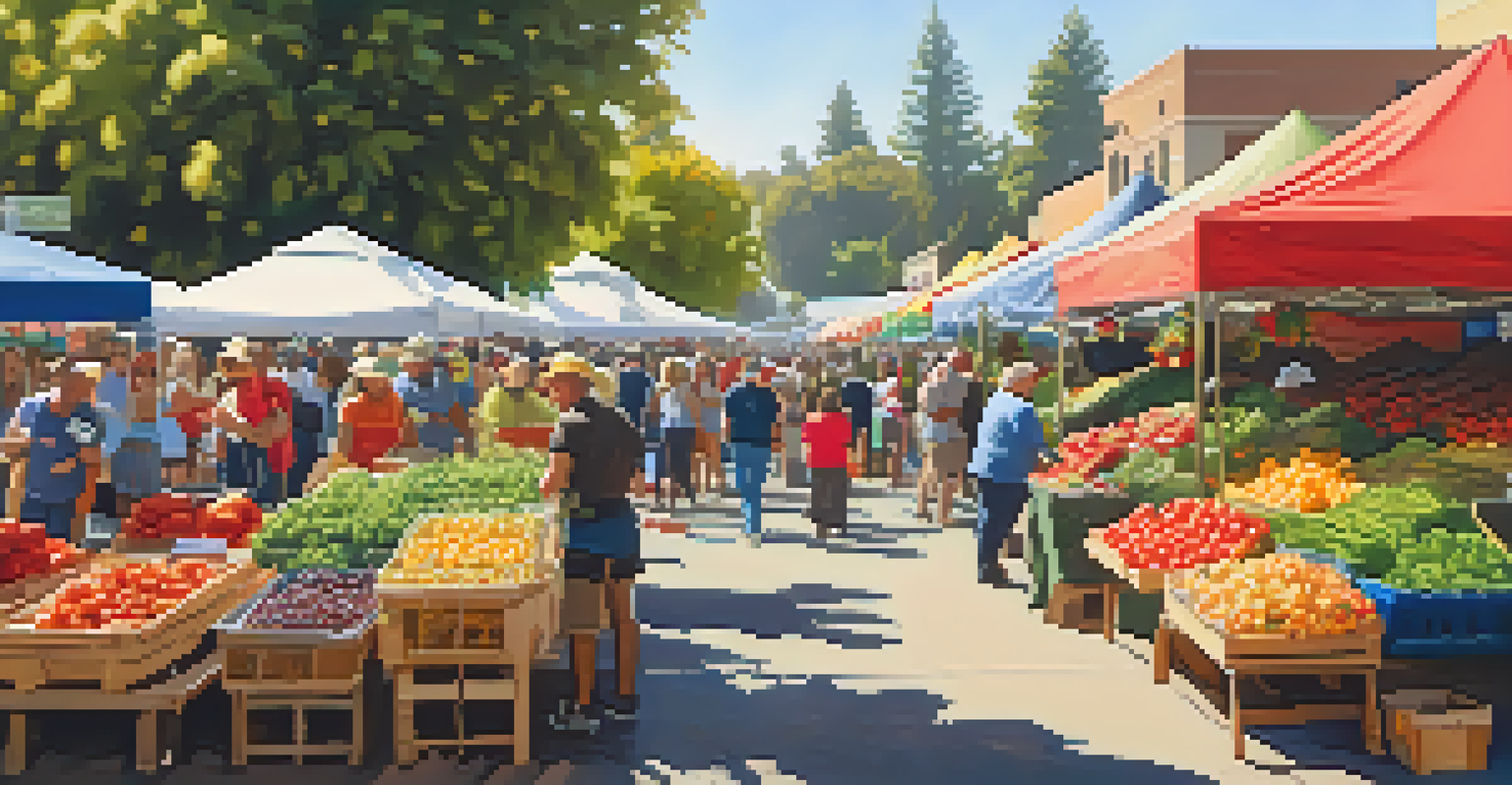 A lively farmers' market with colorful stalls filled with fresh produce and people shopping.