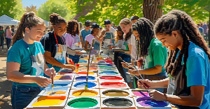 A group of diverse young people painting together in a community workshop, with bright colors and sunlight creating a joyful atmosphere.