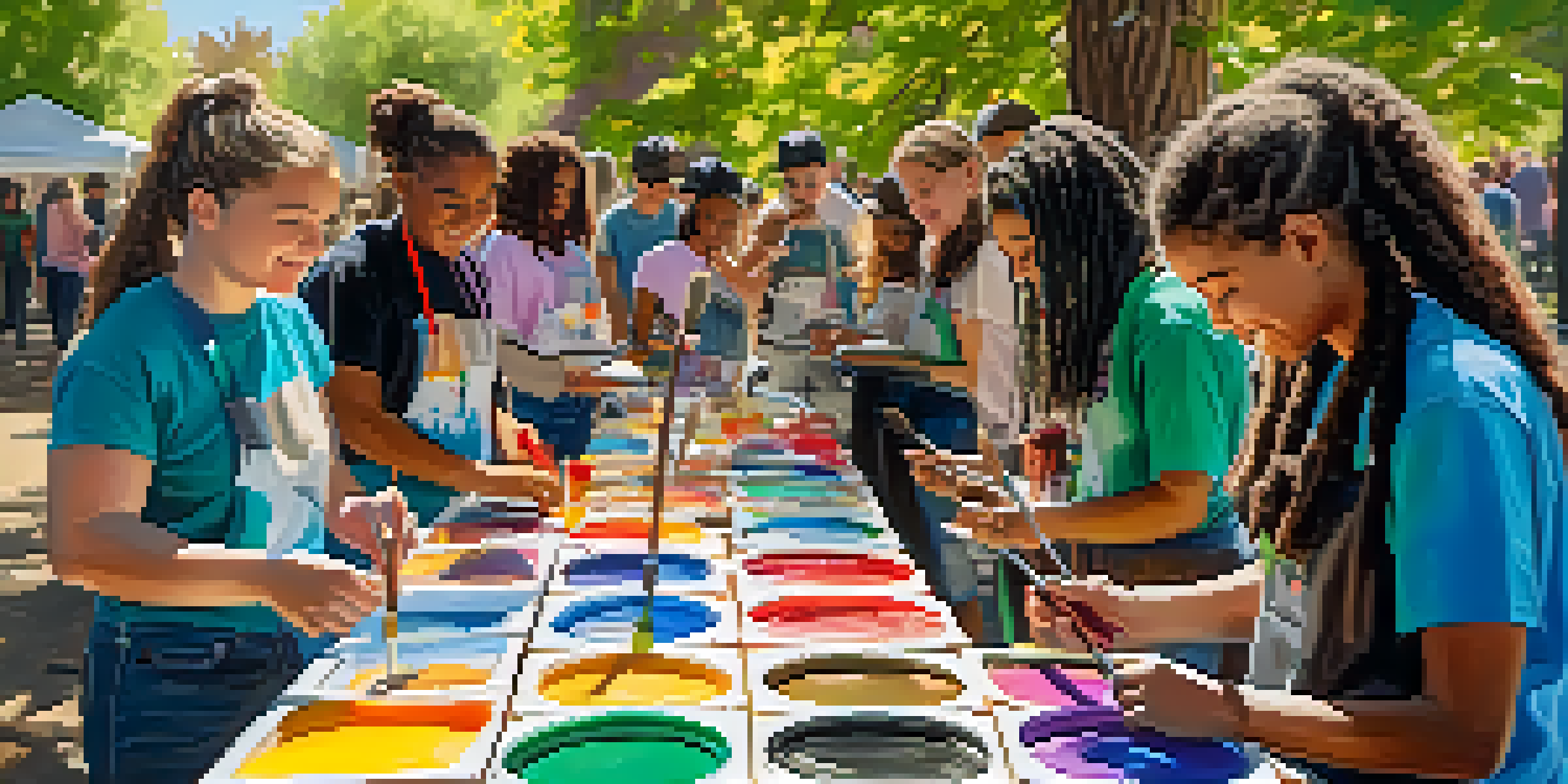 A group of diverse young people painting together in a community workshop, with bright colors and sunlight creating a joyful atmosphere.