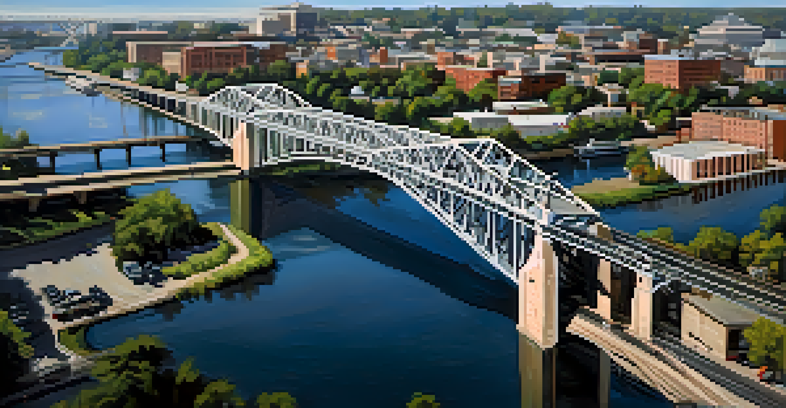 An aerial view of I Street Bridge showcasing its truss design and urban surroundings.