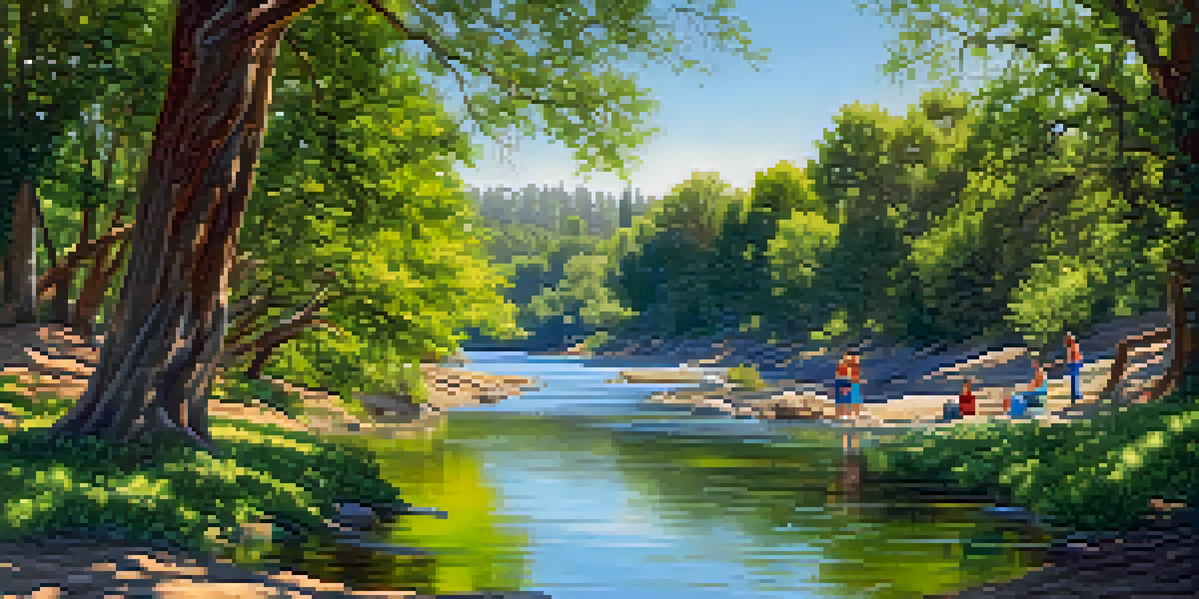 A beautiful view of the American River with green foliage and colorful wildflowers, featuring sunlight reflecting off the water and a family having a picnic nearby.