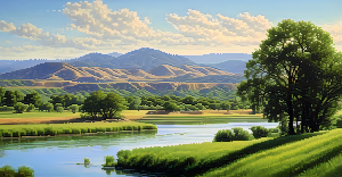 A peaceful view of the Sacramento Valley with green riverbanks and traditional Native American homes under a blue sky.