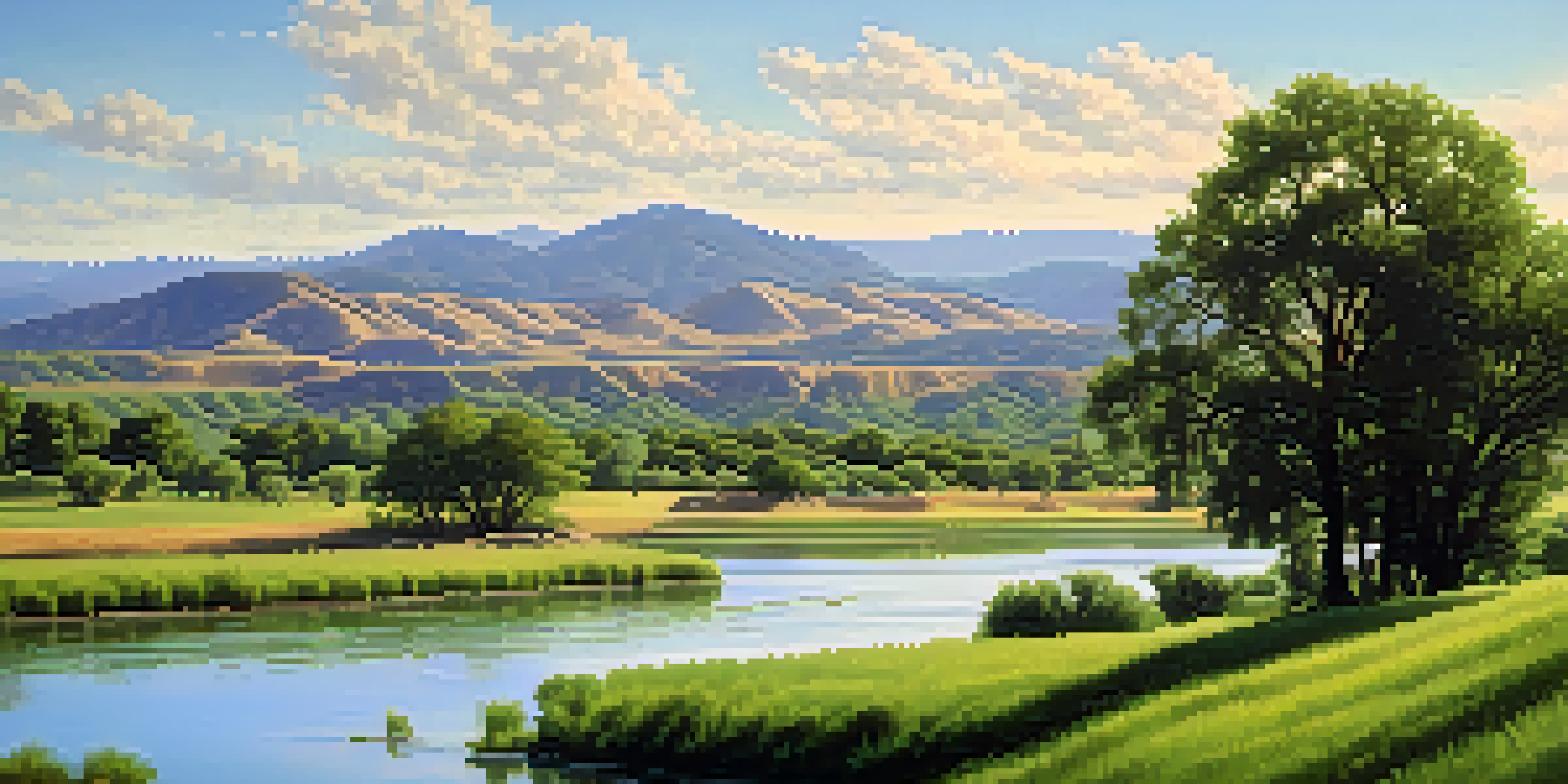 A peaceful view of the Sacramento Valley with green riverbanks and traditional Native American homes under a blue sky.
