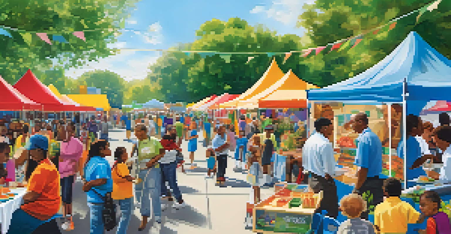 A lively community health fair outdoors with colorful booths, families interacting with health workers, and children enjoying healthy snacks under a blue sky.