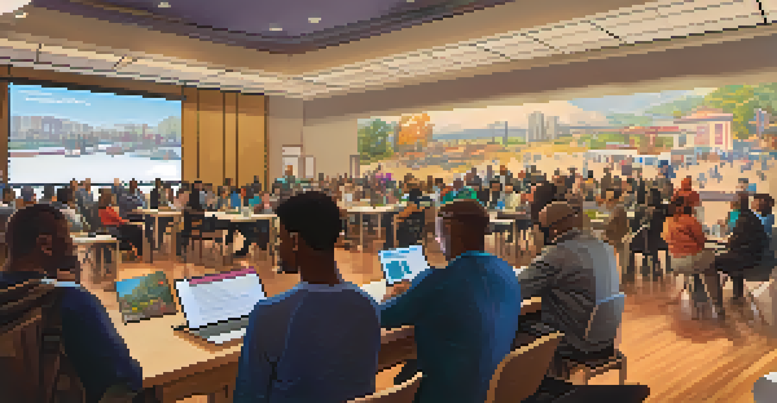 A virtual town hall meeting with diverse participants using technology to engage with local government.