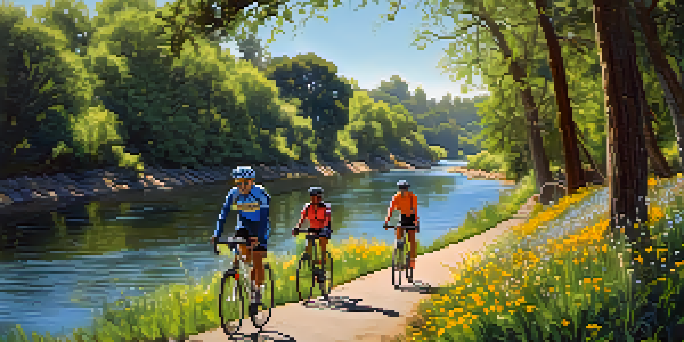 Cyclists riding along the American River Bike Trail with blooming wildflowers and a clear blue sky.