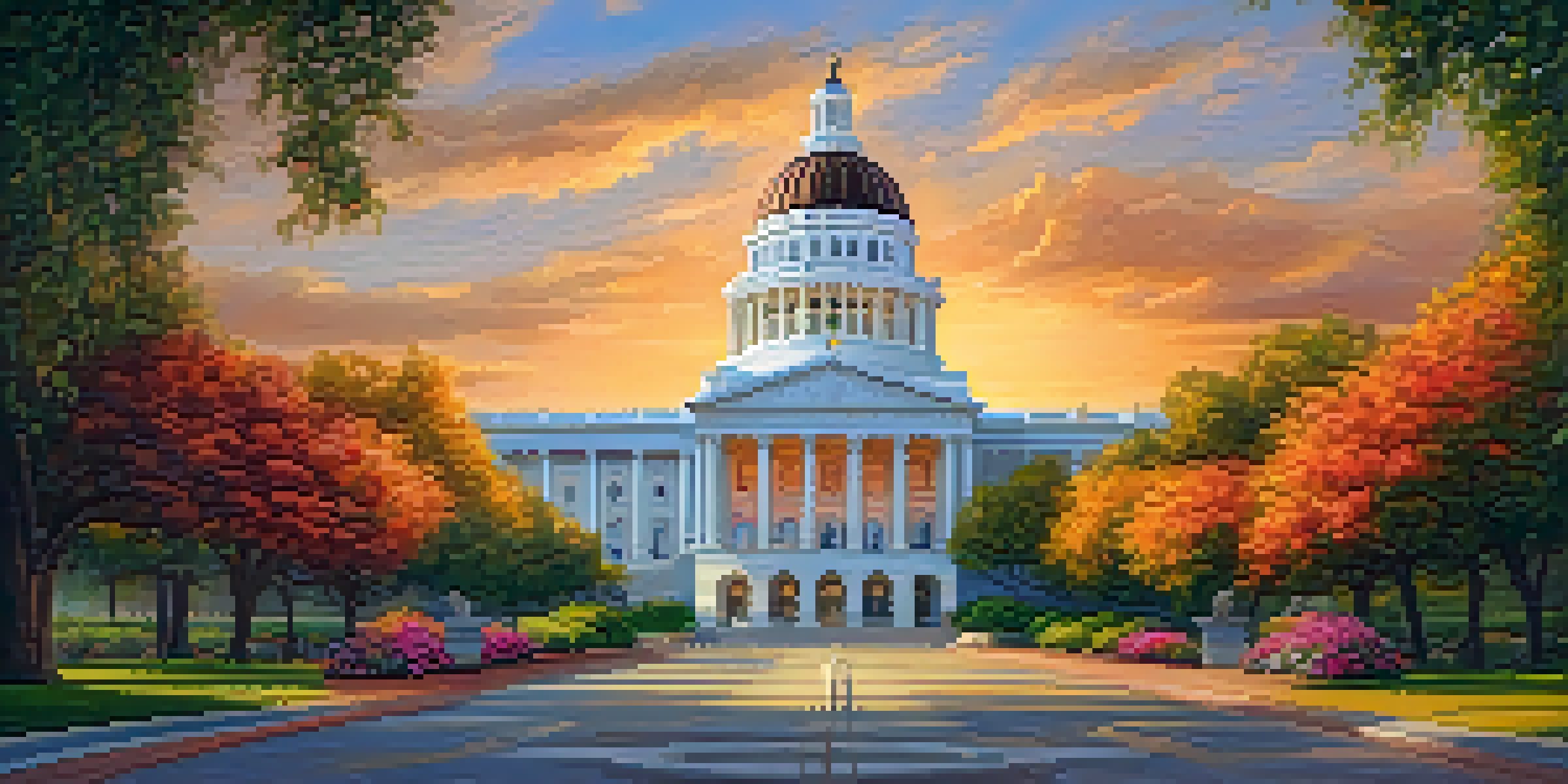 A panoramic view of the California State Capitol building with stunning sunset lighting, surrounded by lush gardens.