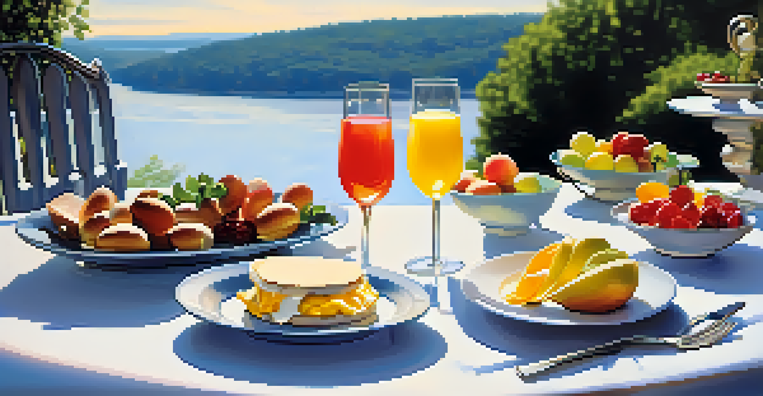 An outdoor patio with a table set for brunch, eggs Benedict, fresh fruit, and colorful cocktails with a river view.