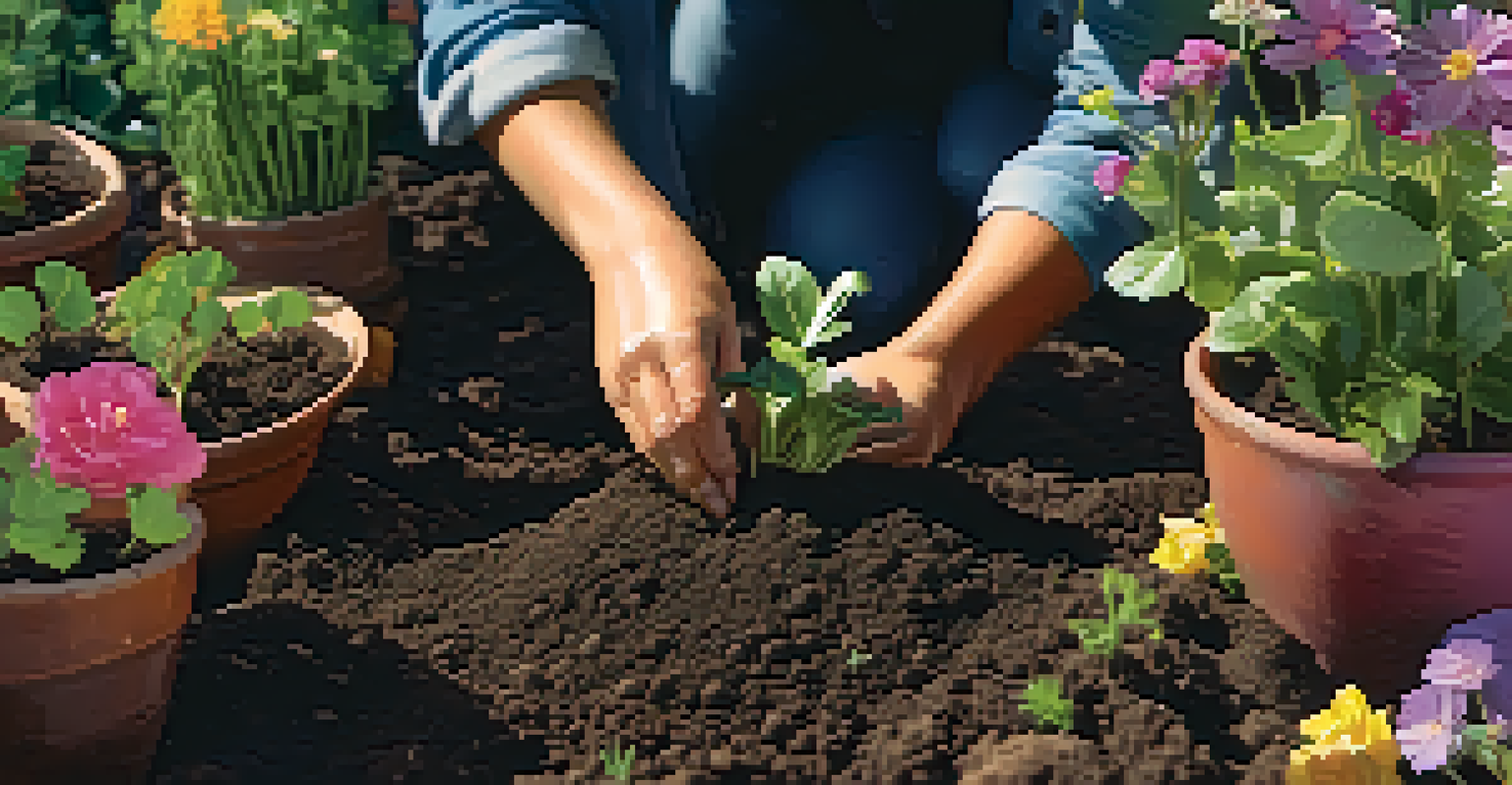 Close-up of hands planting seedlings in dark soil, surrounded by vibrant plants in a community garden.