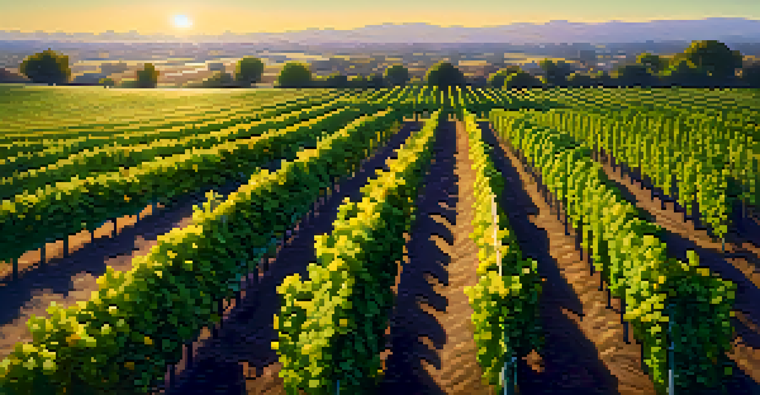 Aerial view of vineyards with rows of grapevines and ripe purple grapes in the sunlight.