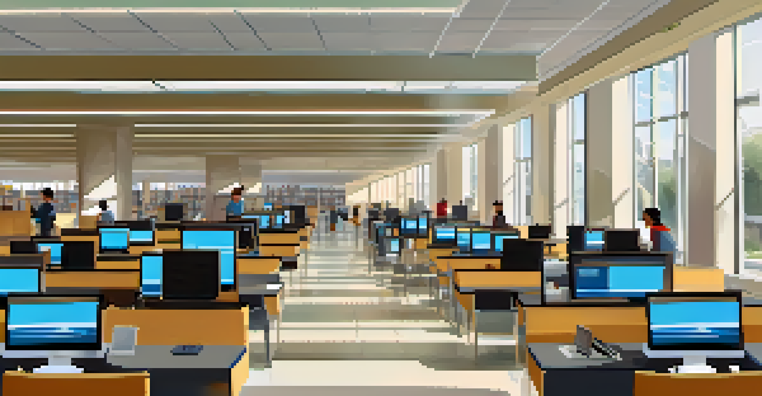 A modern library computer area with patrons using computers and a librarian assisting a user in a bright space.