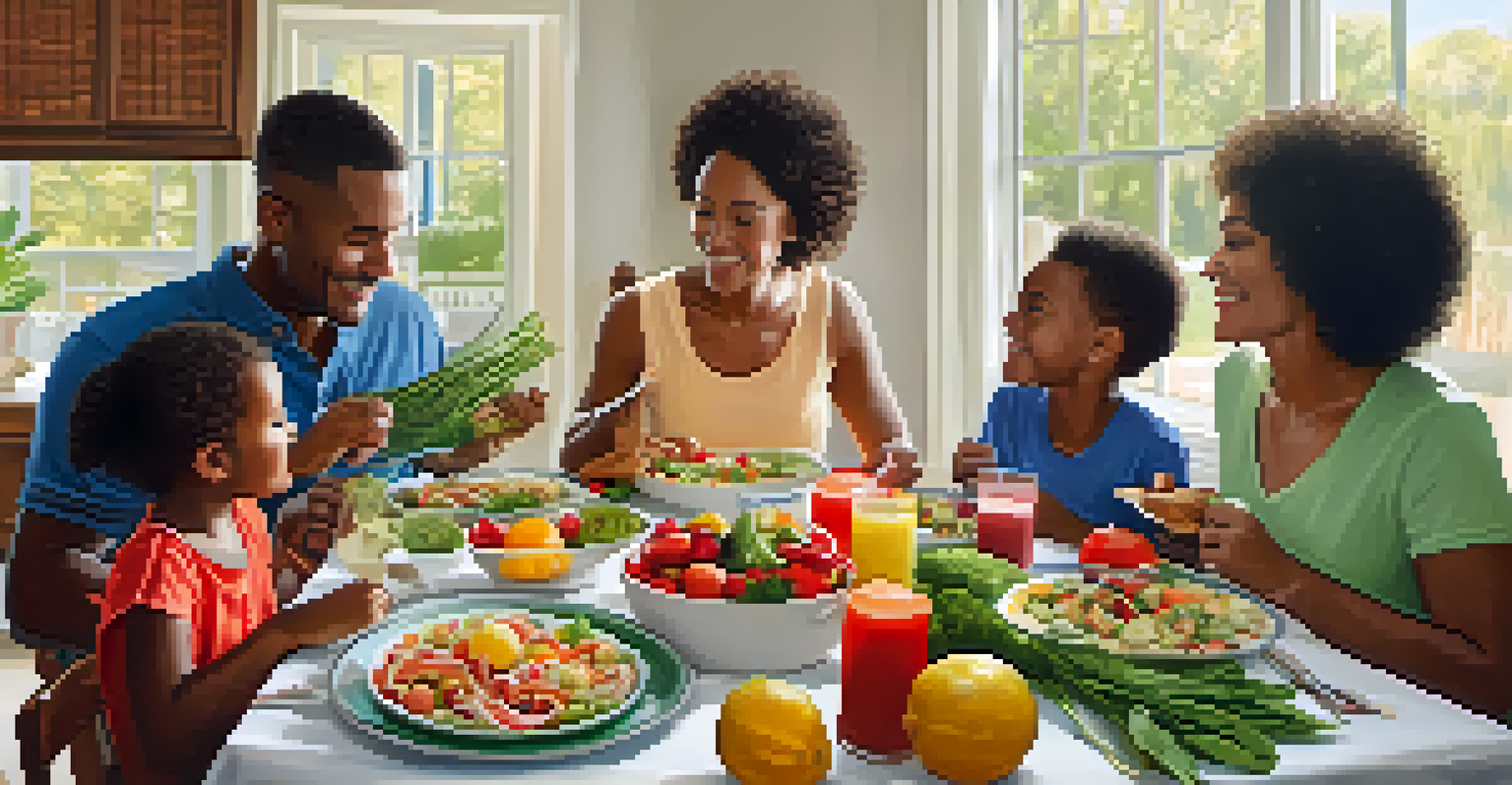 A family sharing a nutritious meal at home, with fresh fruits and vegetables on the table, in a warm and inviting setting.