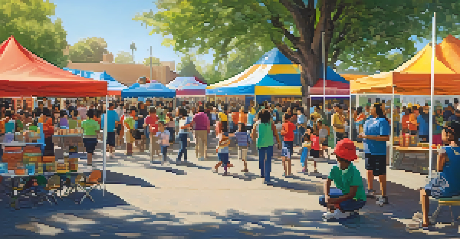 A vibrant outdoor community event at a school, featuring families celebrating cultural diversity with colorful banners and activities.