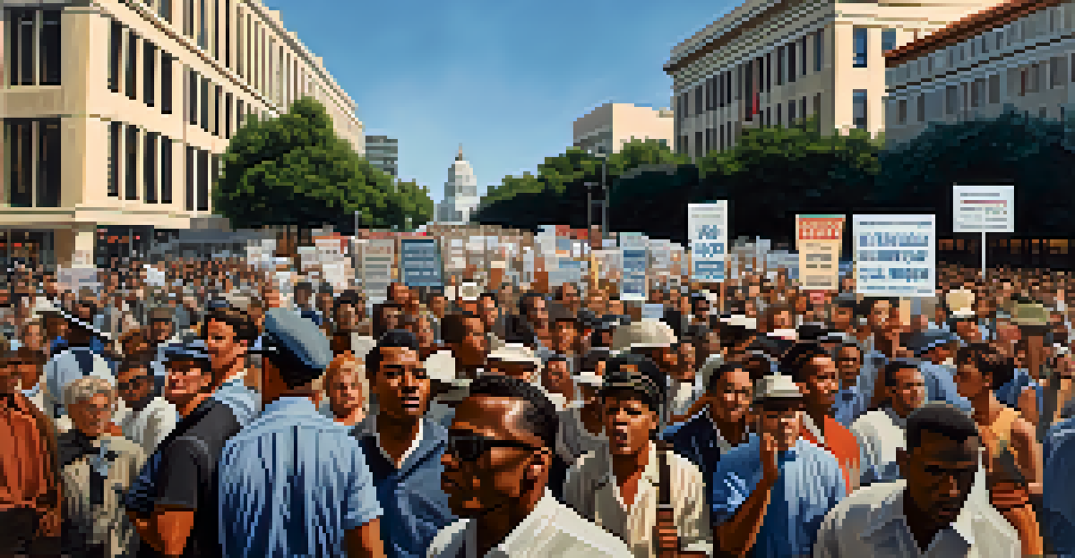 A historical reenactment of the 1963 March on Sacramento with a diverse crowd holding signs and banners.