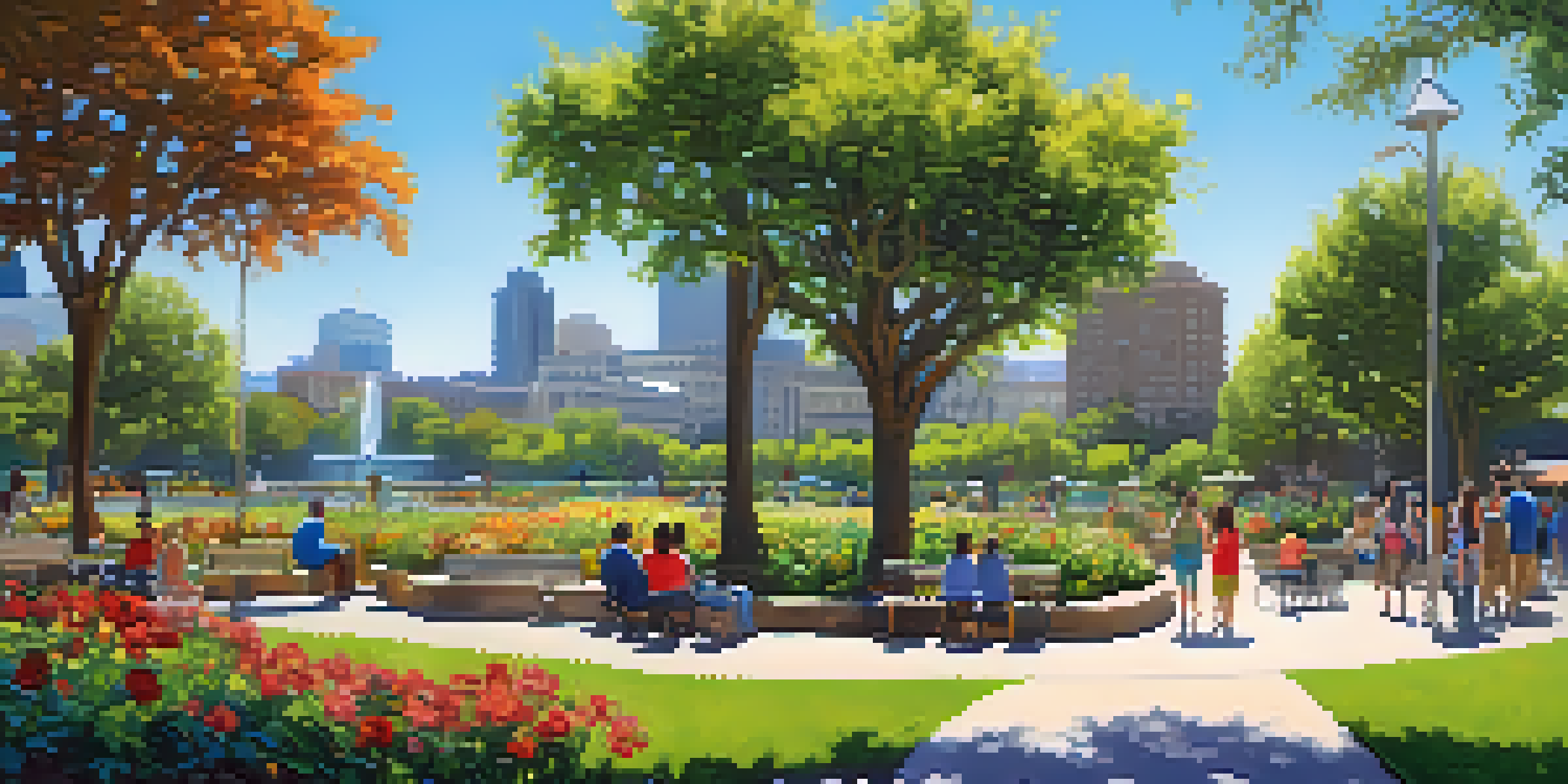 A lively urban park in Sacramento with people enjoying nature, surrounded by trees and flowers, with a city skyline in the background.