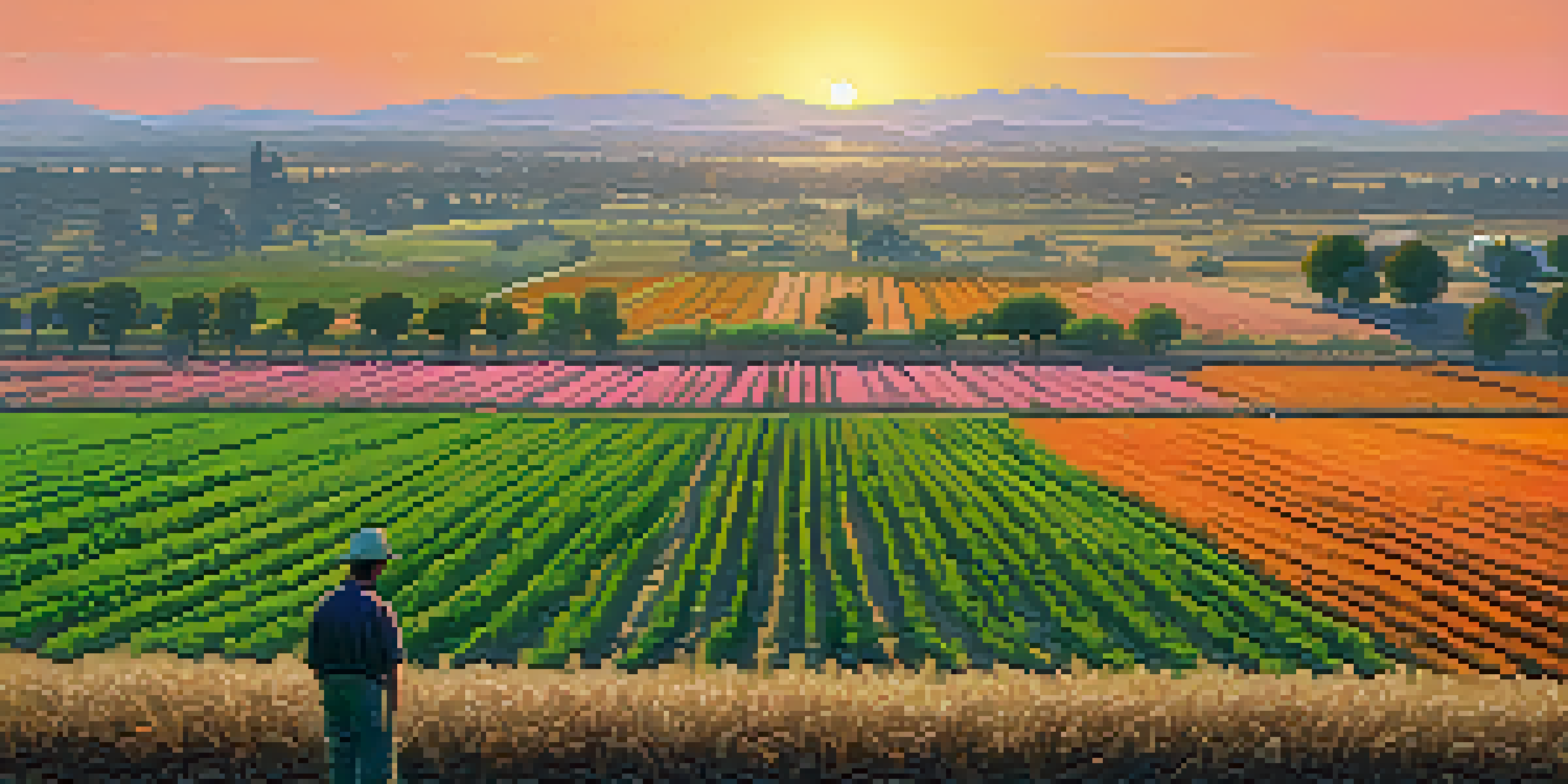 A sunset view of Sacramento's agricultural landscape, with green crops and orchards, and a farmer examining soil.