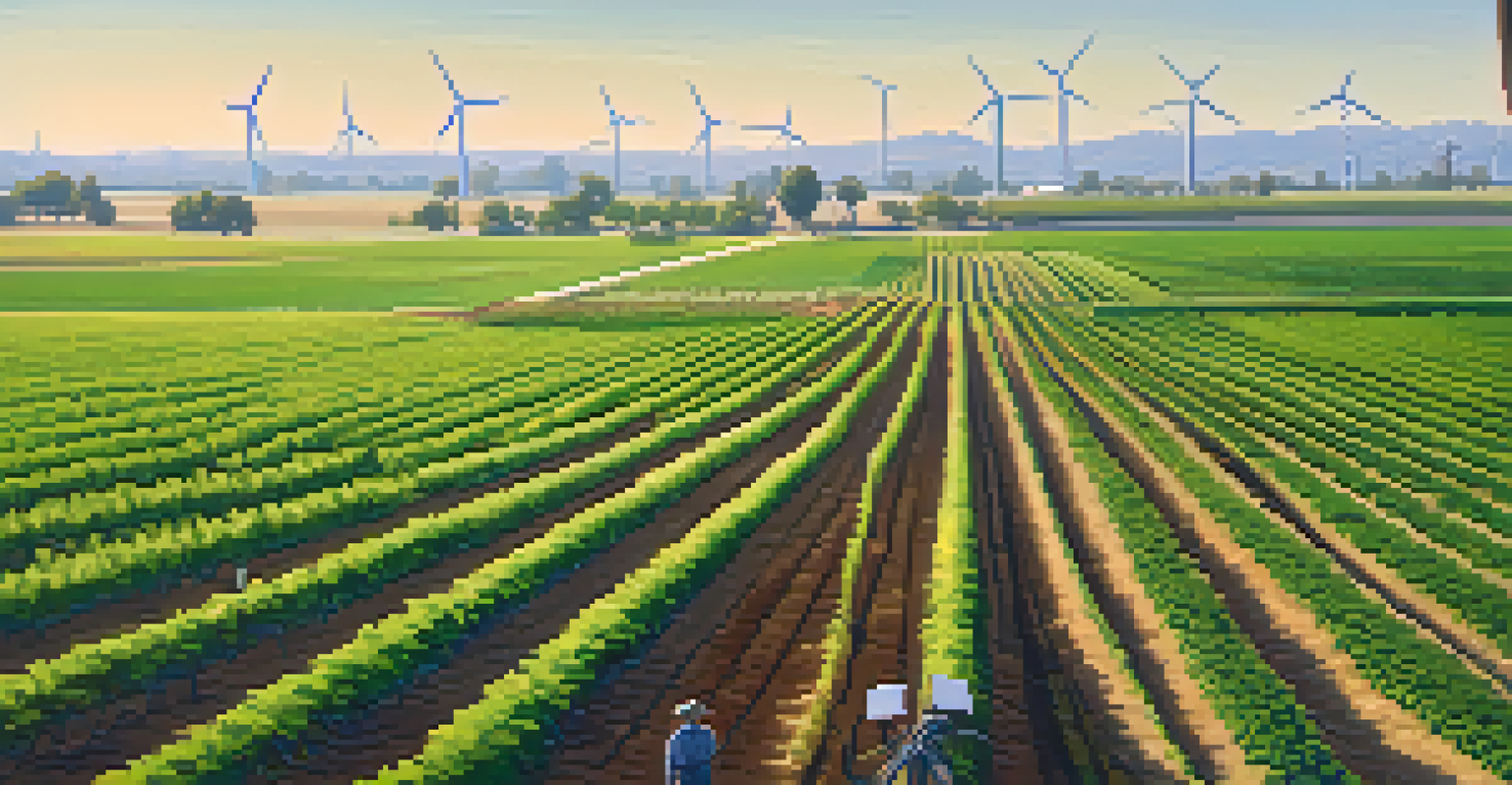 A peaceful sustainable farm in Sacramento with crops, a farmer, and renewable energy installations in the background.