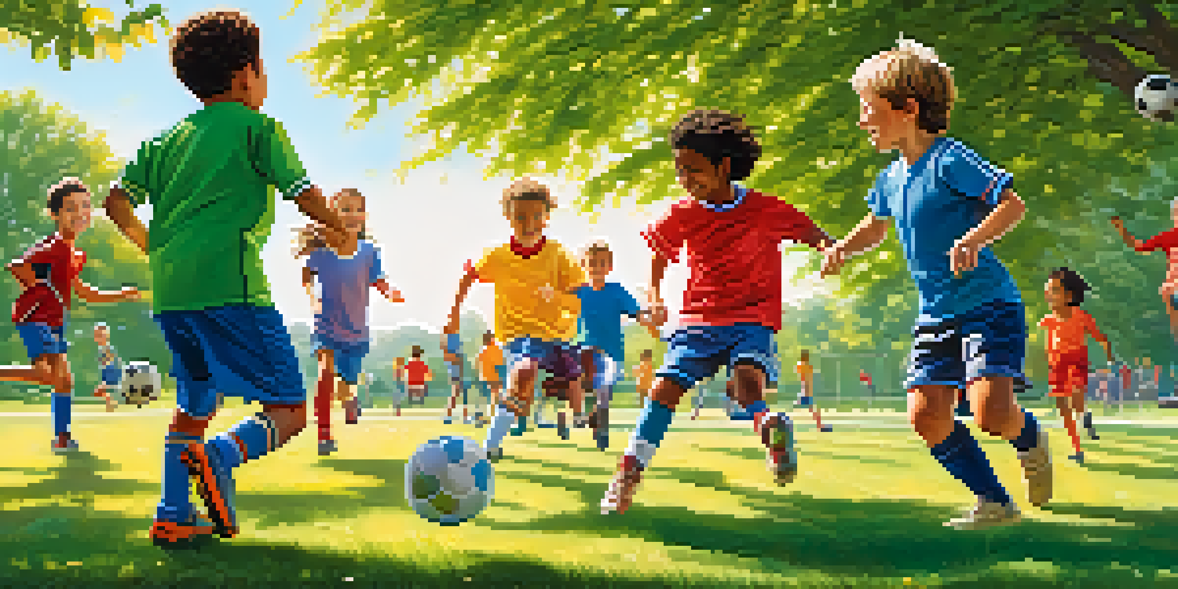 A lively soccer game with diverse children playing in a park under the sun, showing teamwork and joy.
