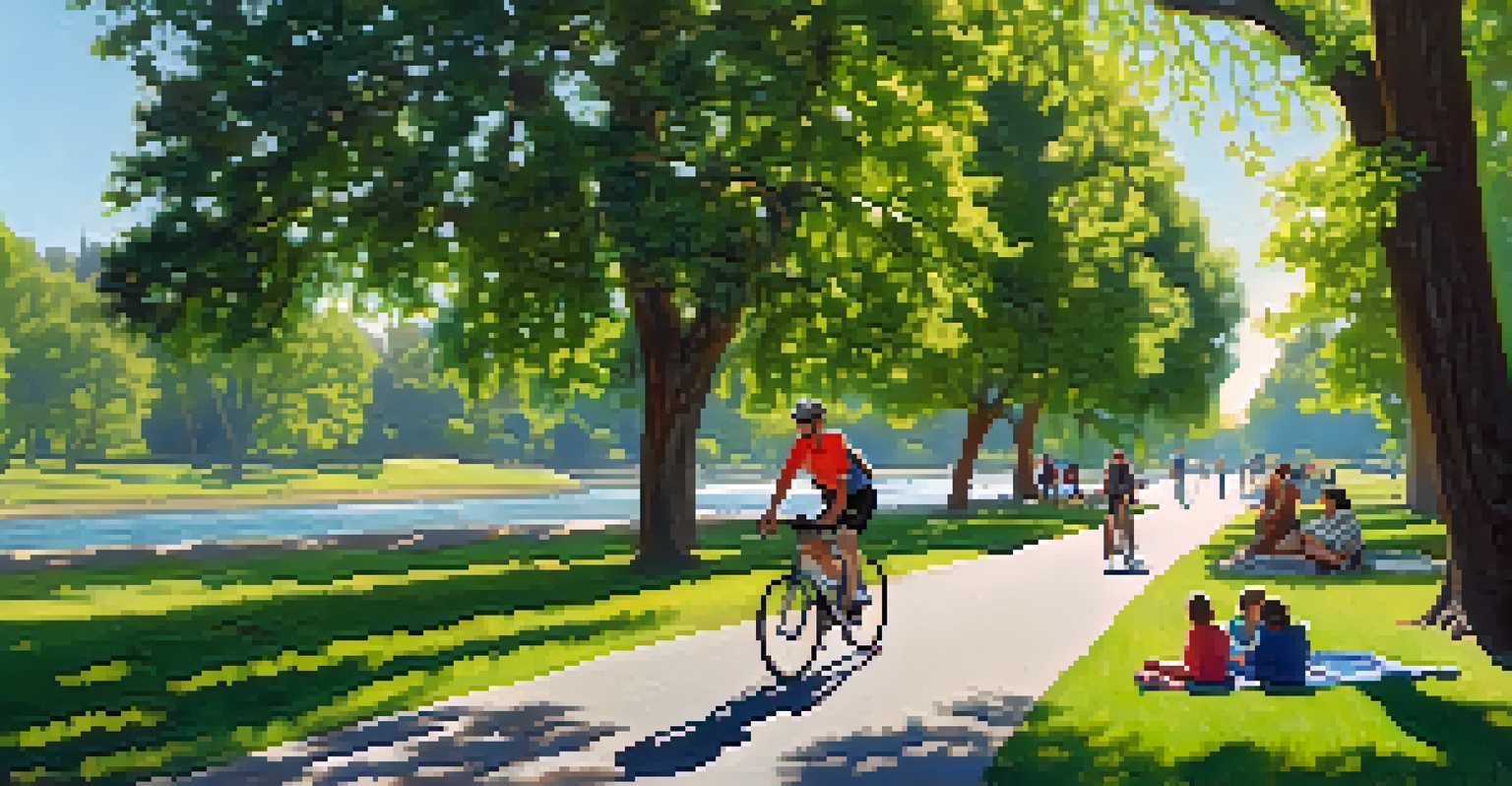 A peaceful scene at the American River Parkway with a cyclist and families picnicking under trees.