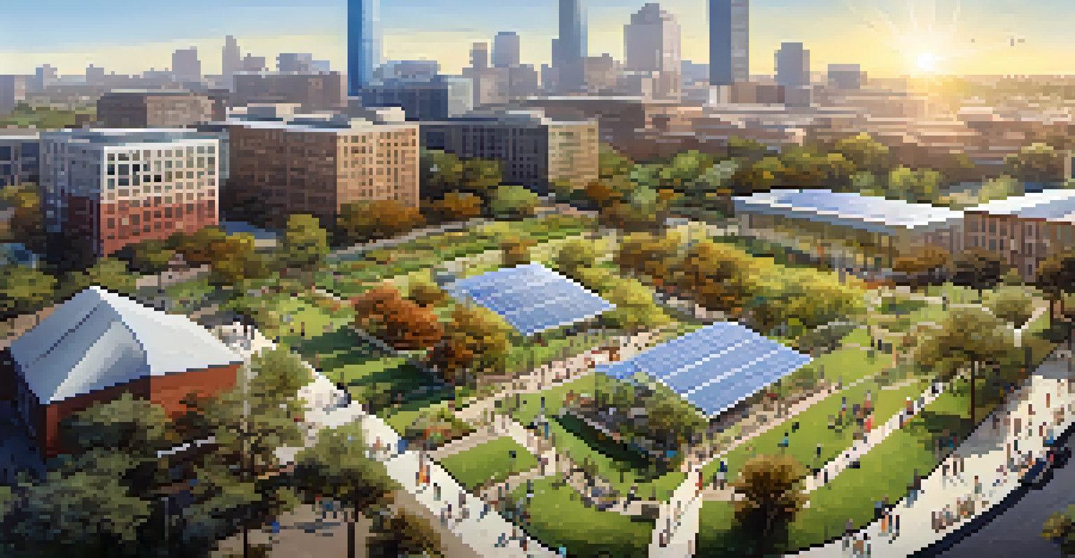 An aerial view of a busy urban park in Sacramento with eco-friendly features and people participating in different activities.