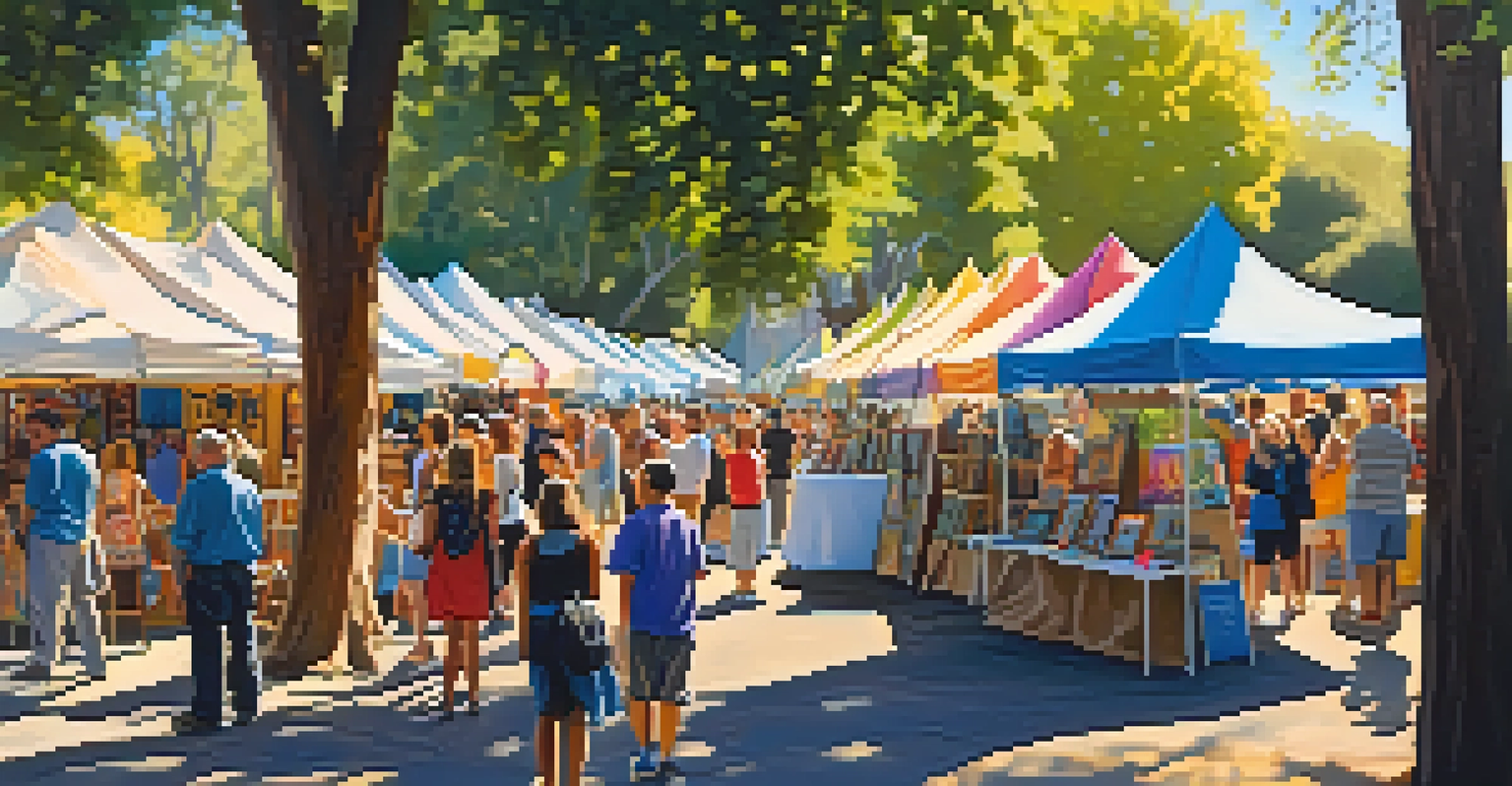 An arts and crafts fair in Sacramento with local artists showcasing their work and visitors exploring the colorful displays.