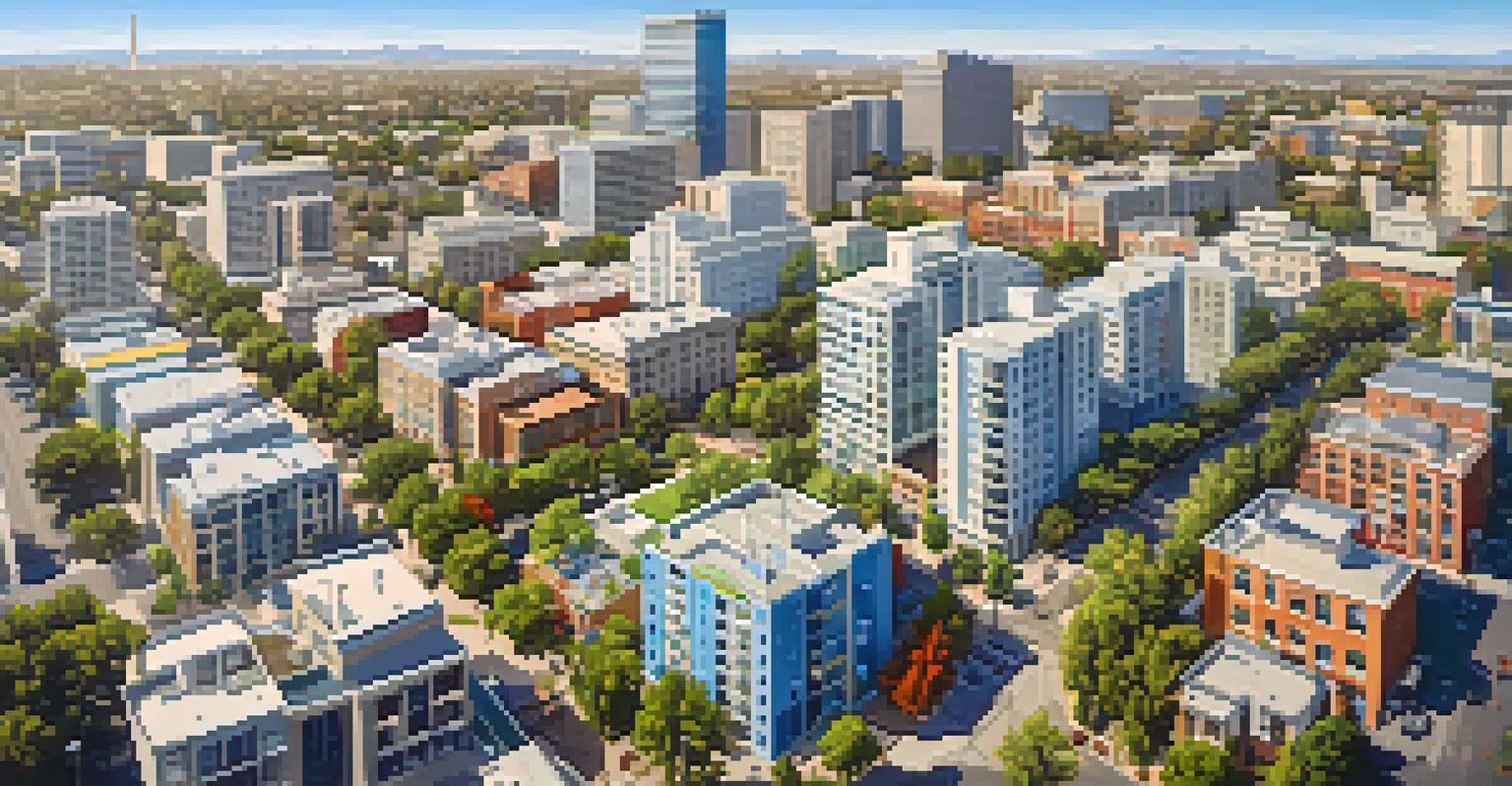 An aerial view of Sacramento's skyline with a mix of luxury apartments and affordable housing units, highlighting the city's diverse architecture and green spaces.