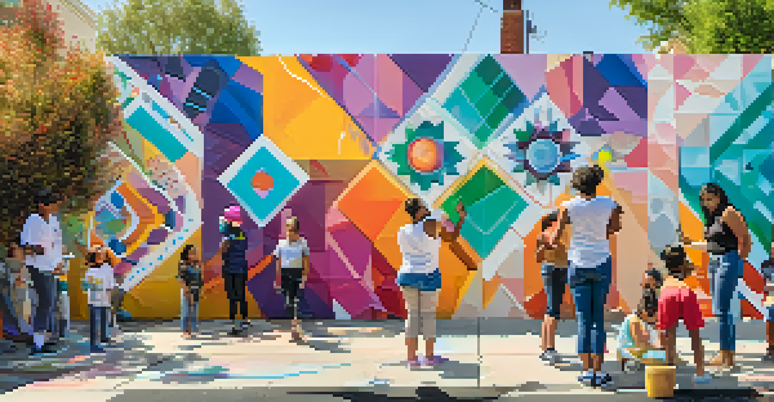 Young artists painting a colorful mural on a wall, depicting themes of empowerment and community, with spectators watching in admiration.