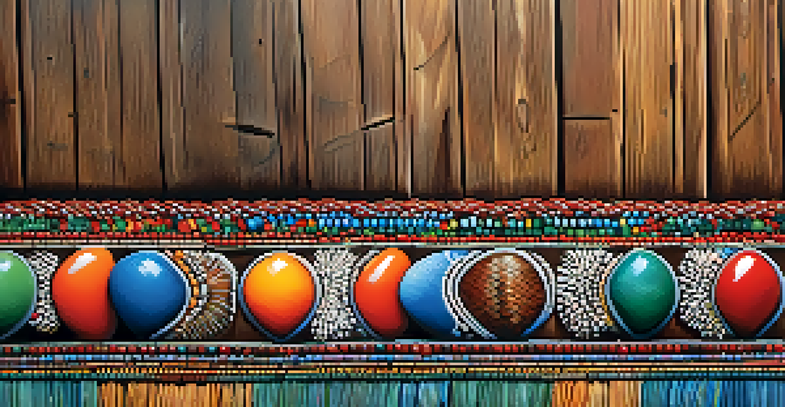 Close-up of an Indigenous art piece made with natural materials, featuring intricate patterns and vibrant colors against a rustic background.