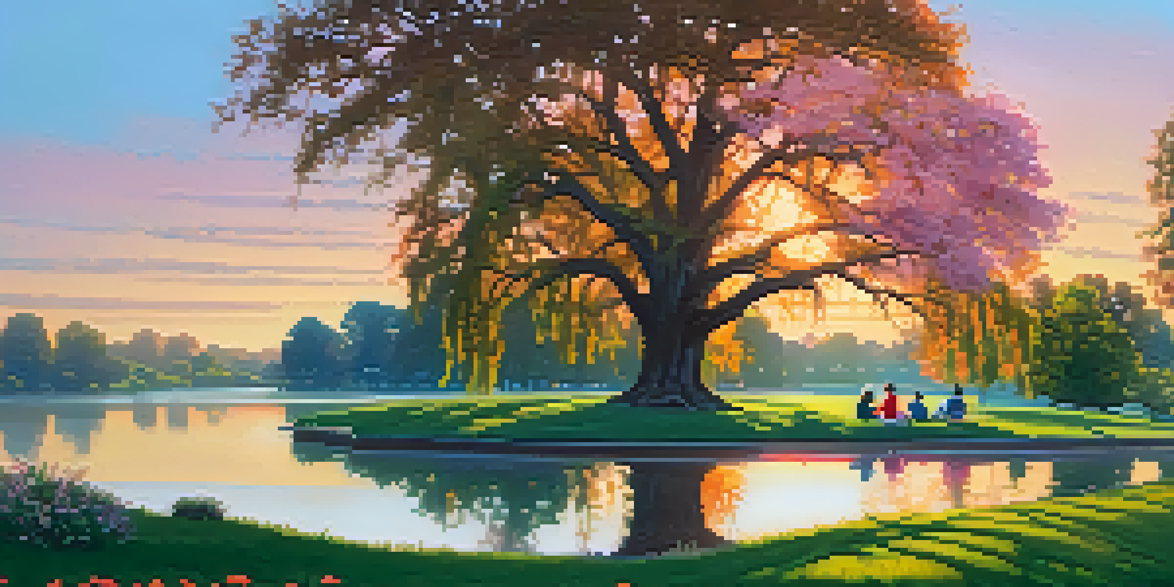 A picturesque scene of McKinley Park in Sacramento during sunrise, with a lake, blooming flowers, and a family having a picnic under an oak tree.