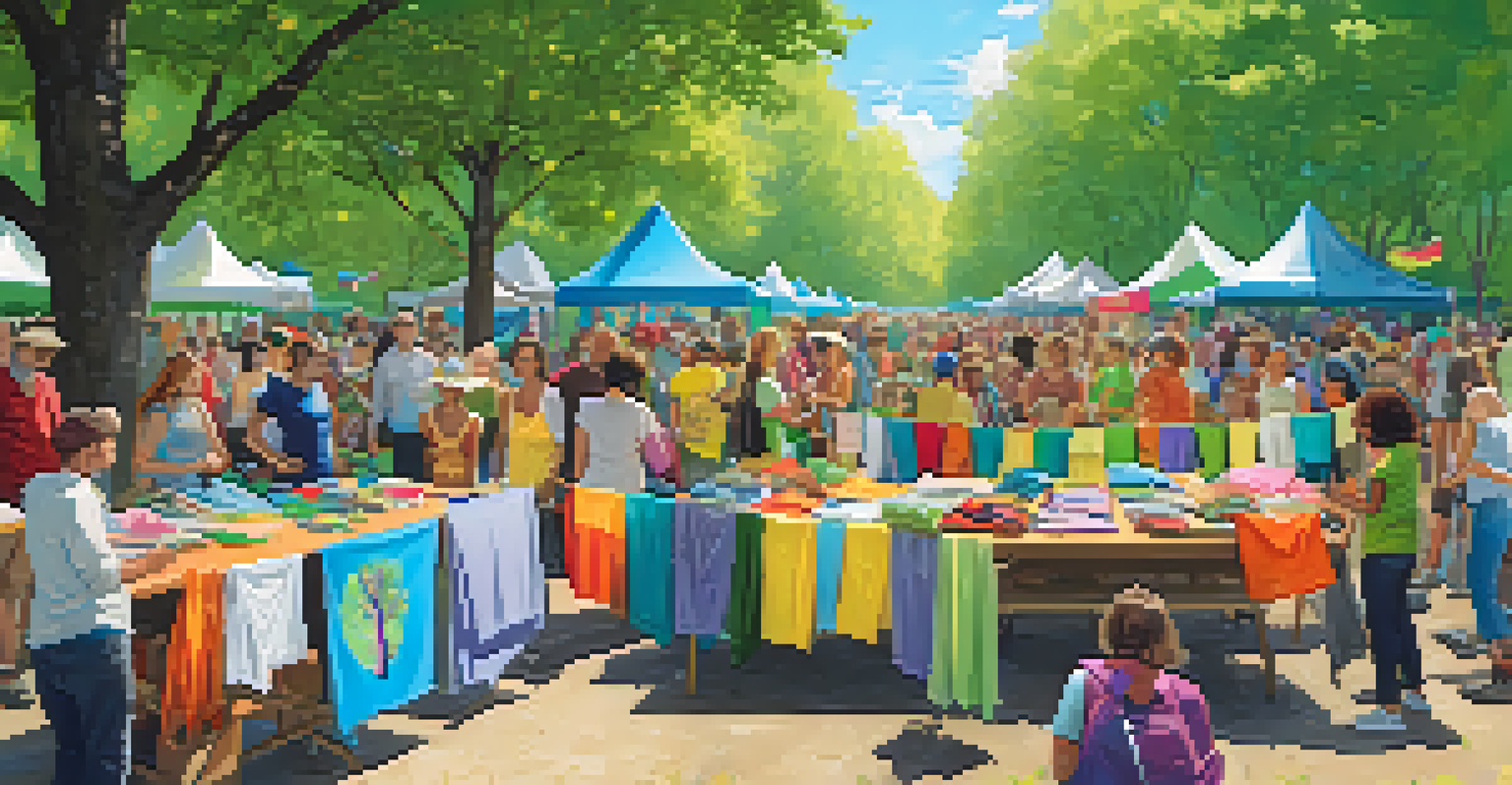 A community clothing swap event in a park with tables of garments and participants exchanging clothes under a bright sky.
