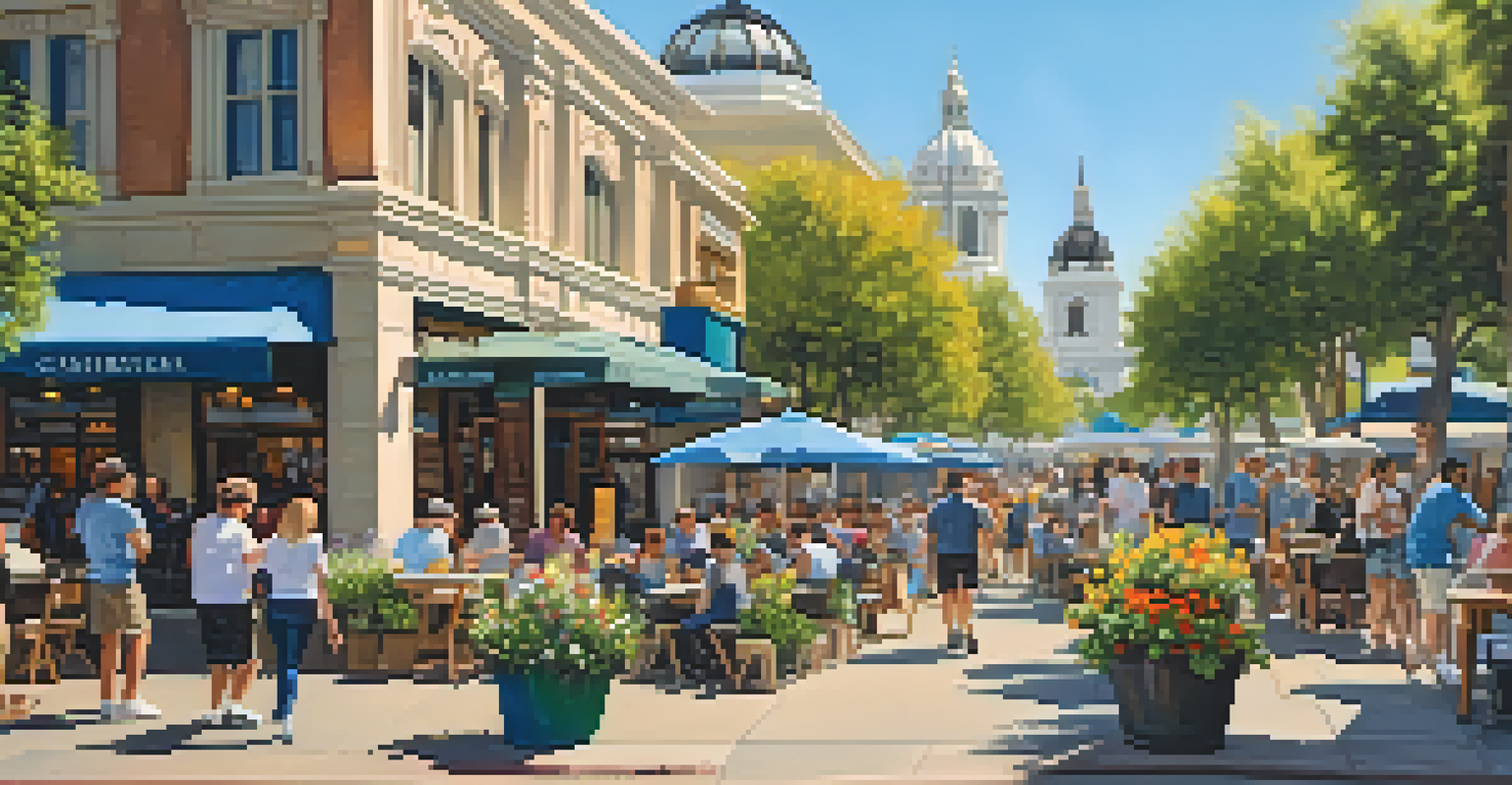 A lively street scene in downtown Sacramento with the Tower Bridge in the background and people at outdoor cafes.