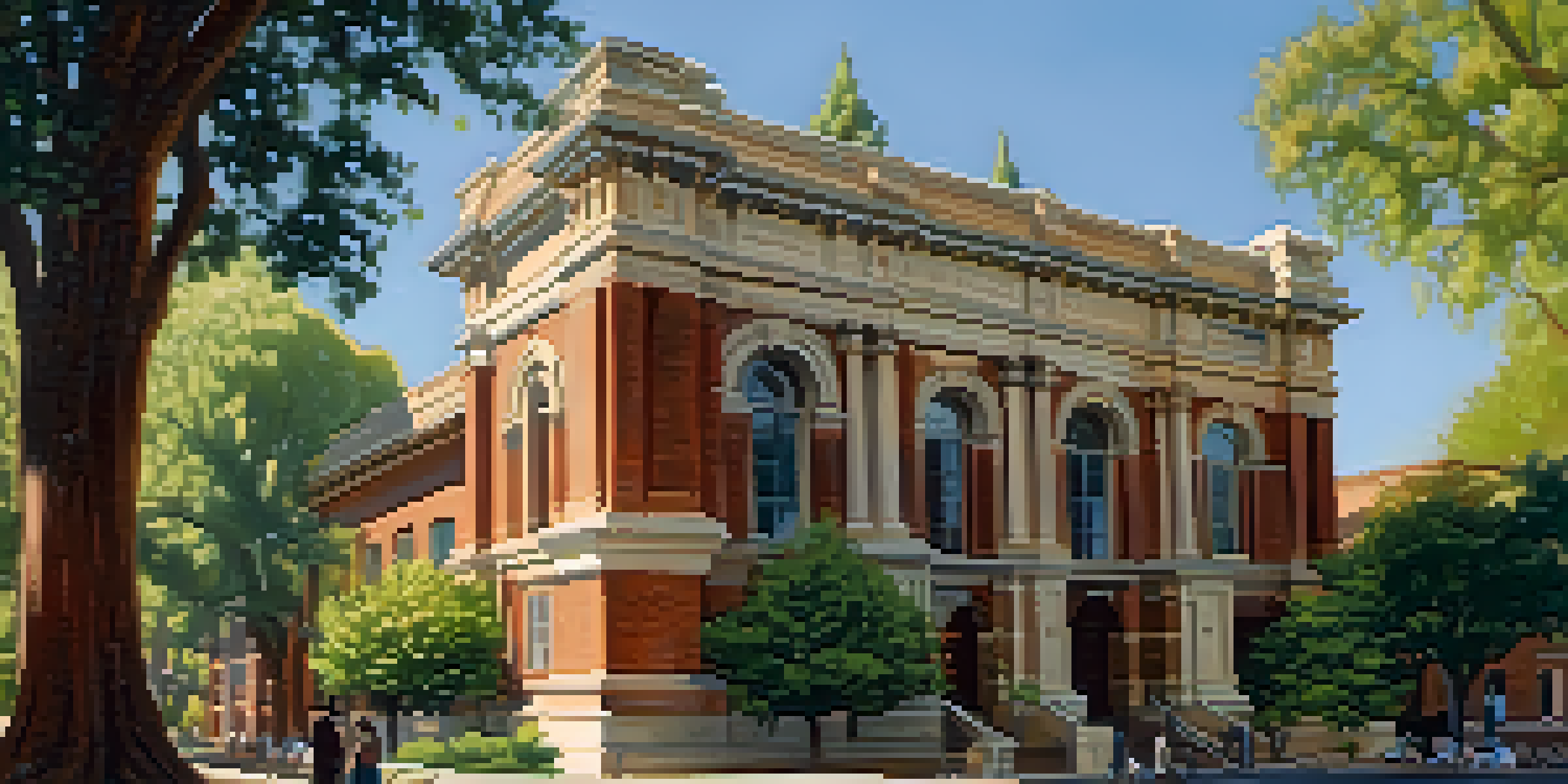 A historic depiction of Sacramento's first library from 1857, featuring a vintage brick building and community members enjoying books in a sunny park.