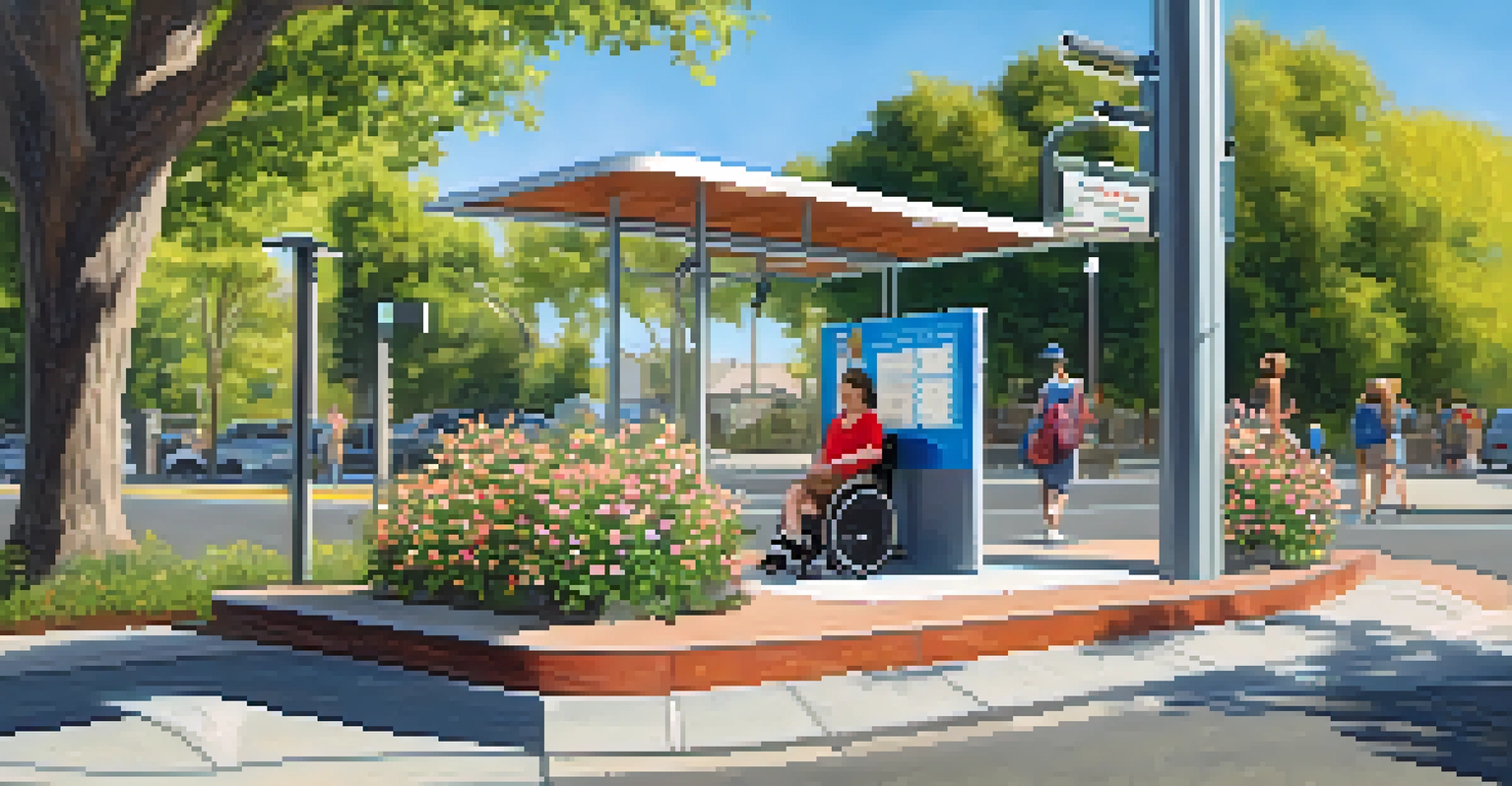 A close-up of an accessible bus stop in Sacramento with a wheelchair ramp, tactile guidance paths, and a person in a wheelchair, surrounded by greenery.