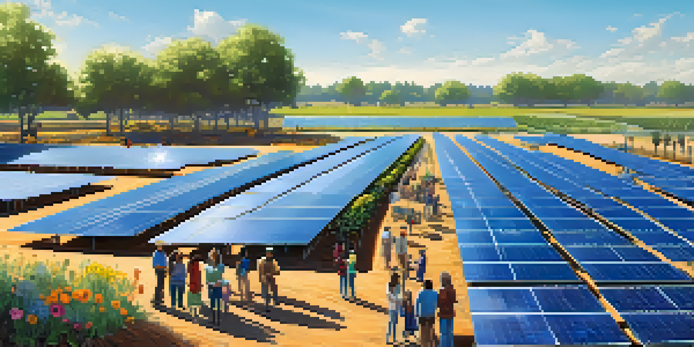 A colorful community solar farm with families participating in gardening and discussions about sustainability, in front of shining solar panels.