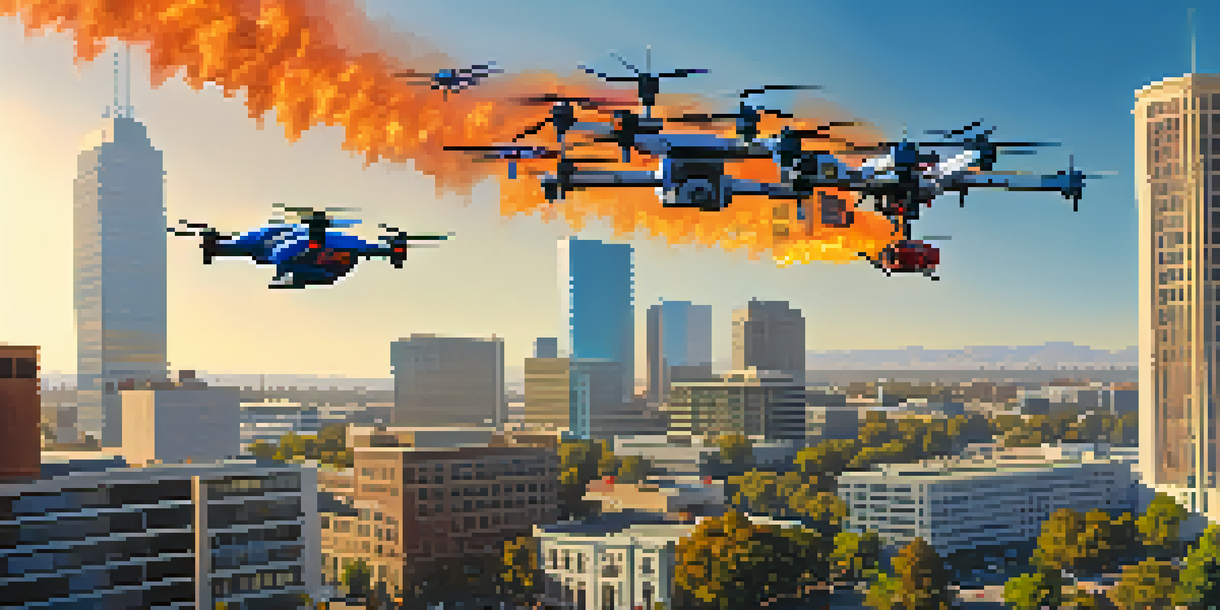 A vibrant cityscape of Sacramento with emergency responders using drones during a simulation, and the skyline in the background.